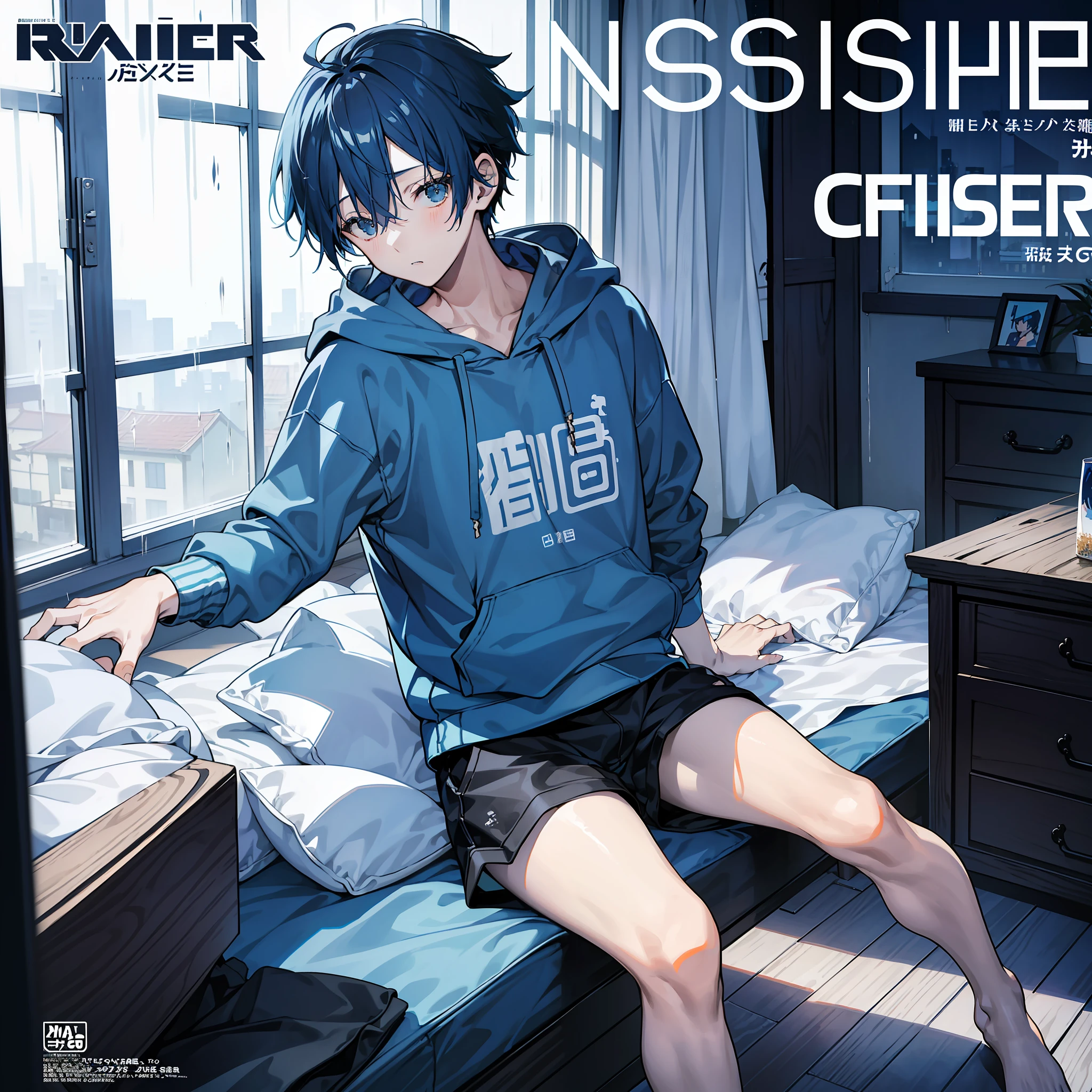 masterpiece, best quality, full body, (1boy), (blue hoodie), (Boy Messy Japanese Round Haircut for Thick Hair), (blue hair), black shorts, (solo), (magazine:1.3), (cover-style:1.3), fashionable, in side bedroom, rain outside the window