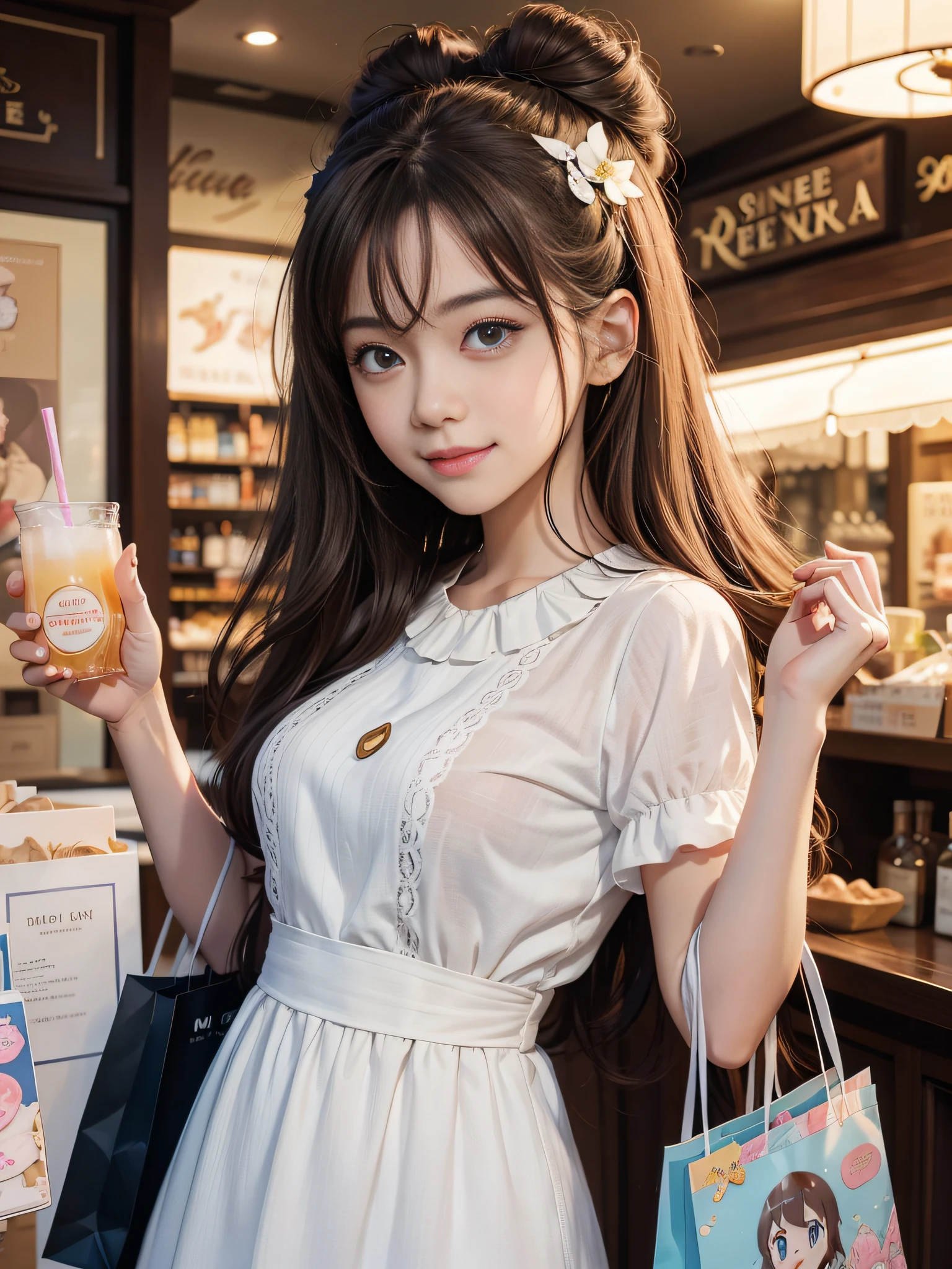 An anime character，Close-up of the head，big  eyes girl, Smile sweetly，pale brown hair，Shopping life scene, Disney  style, Drinking drinks， wrapped, Lovely,  --AR 3:4 --q 5 --niji 5