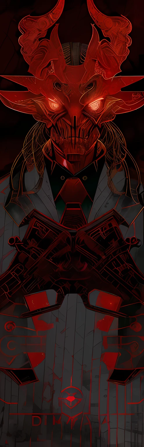 Draw a demon,There are flares and bow ties, red demon cyberpunk symbols, Wallpaper phone, Red Biomechanics, Set ninja background, red biomechanical details, gungrave, Magic machine, dark cyberpunk illustration, Detailed cover artwork, symetry!! portrait of cyborg, phone background, Cover art, Just the art of dark metal music, Official artwork