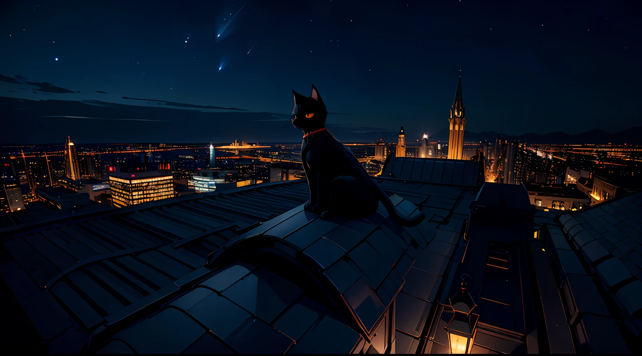 masterpiece, best quality, (stunning cityscape, bay city, scenery, small silhouette of cat on rooftop, night sky:1.2), rooftop of church, rim lighting, cinematic shadow, night view, particle, stone building, perspective, depth of field, sharp focus, HDR, highres, photography, realistic, highest detailed, extreme detailed, ultra detailed, finely detail