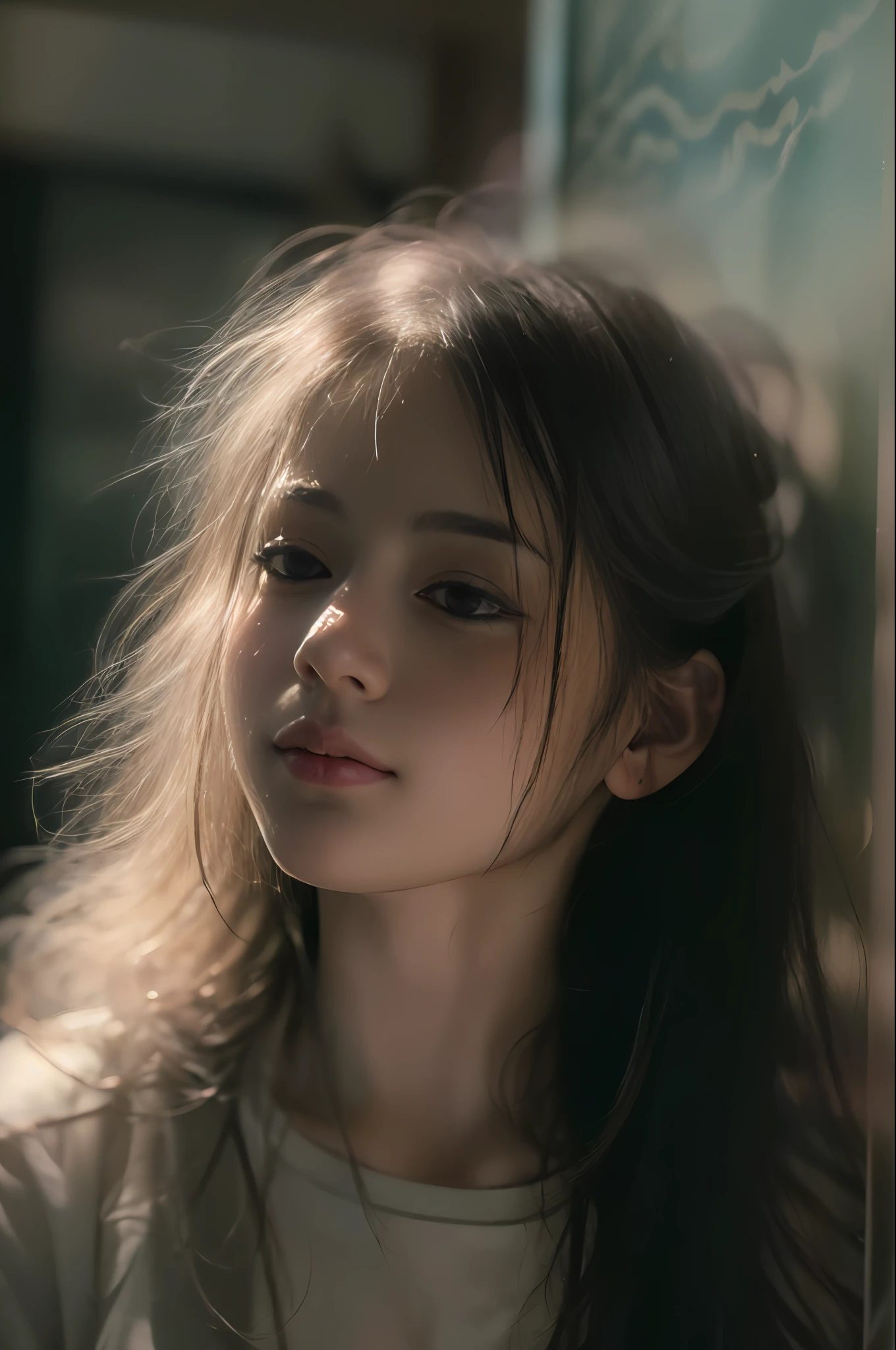 (RAW photo, best quality), ((Nostalgia,1980s syle)),(A girl with a literary atmosphere:1.2),(realistic, photo-realistic:1.3), extremely delicate and beautiful, Amazing, finely detail, masterpiece, ultra-detailed, highres,best illustration, best shadow,intricate,depth of field,(closeup portrait of a young beautiful woman:1.2),long hair,messy hair,((((low key,dark scene,dimly lit)))),(((soft lighting:1.4))),(pale skin:1.4),(shy smile),(cinematic angle),sharp focus, volumetric fog, 8k UHD, DSLR, high quality,( film grain:1.4), Fujifilm XT3,(looking at viewer), pale skin