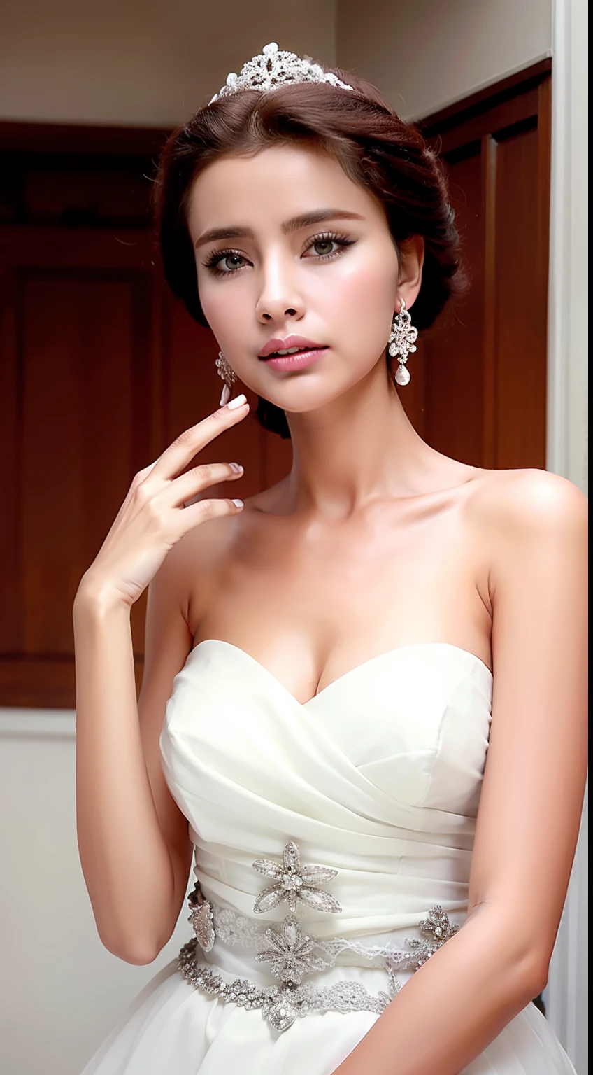 Fashion model 18 years old [[[[closeup cleavage]]]], [[[[boobgasm]]]], [[[[coll]]]], [[[[bshoulders]]]], perfect  eyes, Perfect iris，Perfect lips，perfect teeth，Perfect skin，Soft front light，hdr，Movie girl，Green evening dress，long whitr hair，Long hair with a shawl，Long hair like a waterfall，The background is indoors，Flowers in the background（pastel colour：1.2）