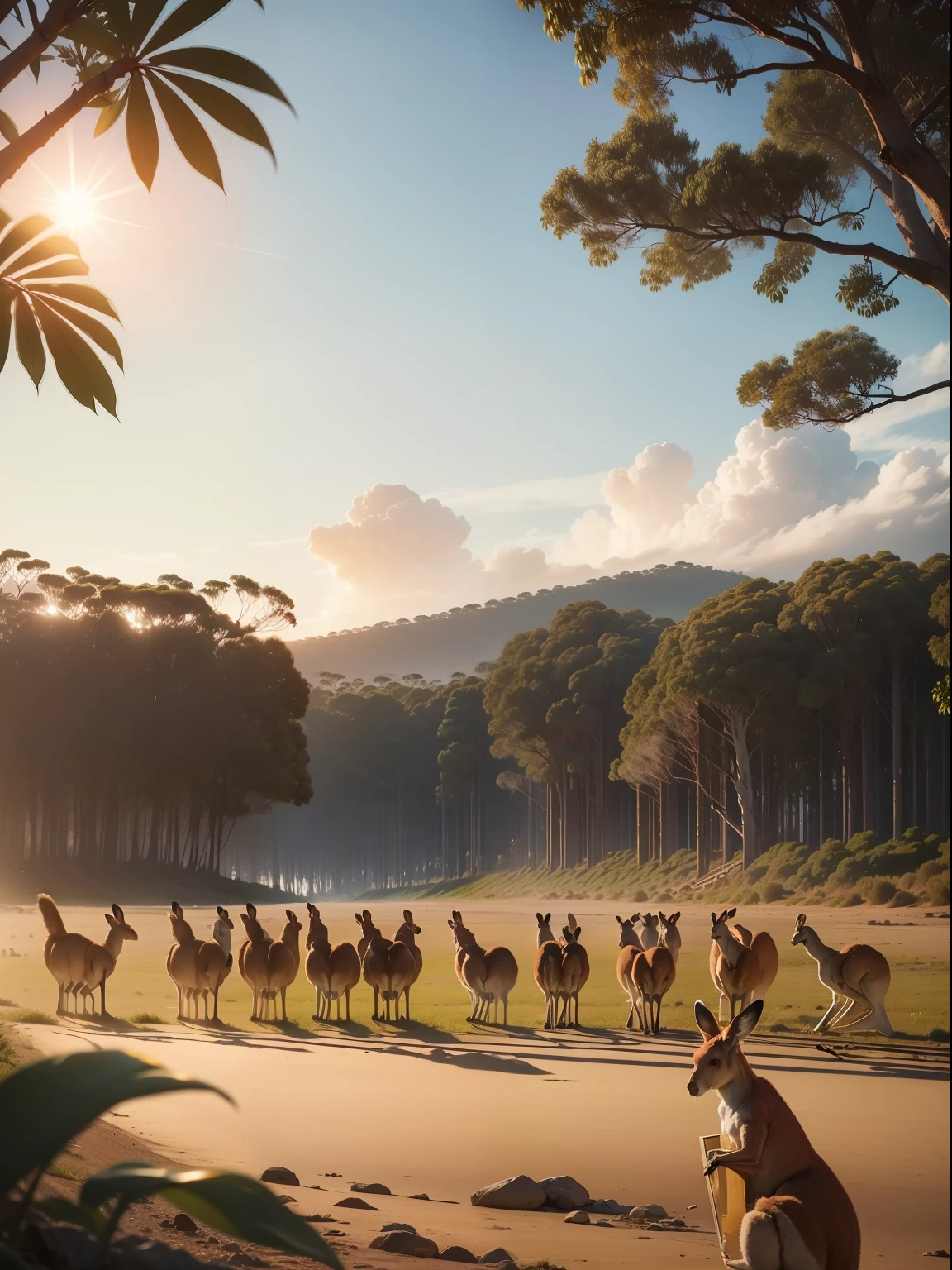 25 large herd of kangaroos standing up on a beach in a line facing at the camera with greenery in background, (((camera facing kangaroos))), subject : kangaroos, in pouch, candid photo, national geographic, cinematic, aussie, curious animals, australia, sunset, beautiful landscape, vibrant sky, (((greenery))), (((wide shot))), wildlife, proud looking, hyper realistic photo, 8k, high resolution, (((kangaroos))), clear faces, kangaroo fur, realistic