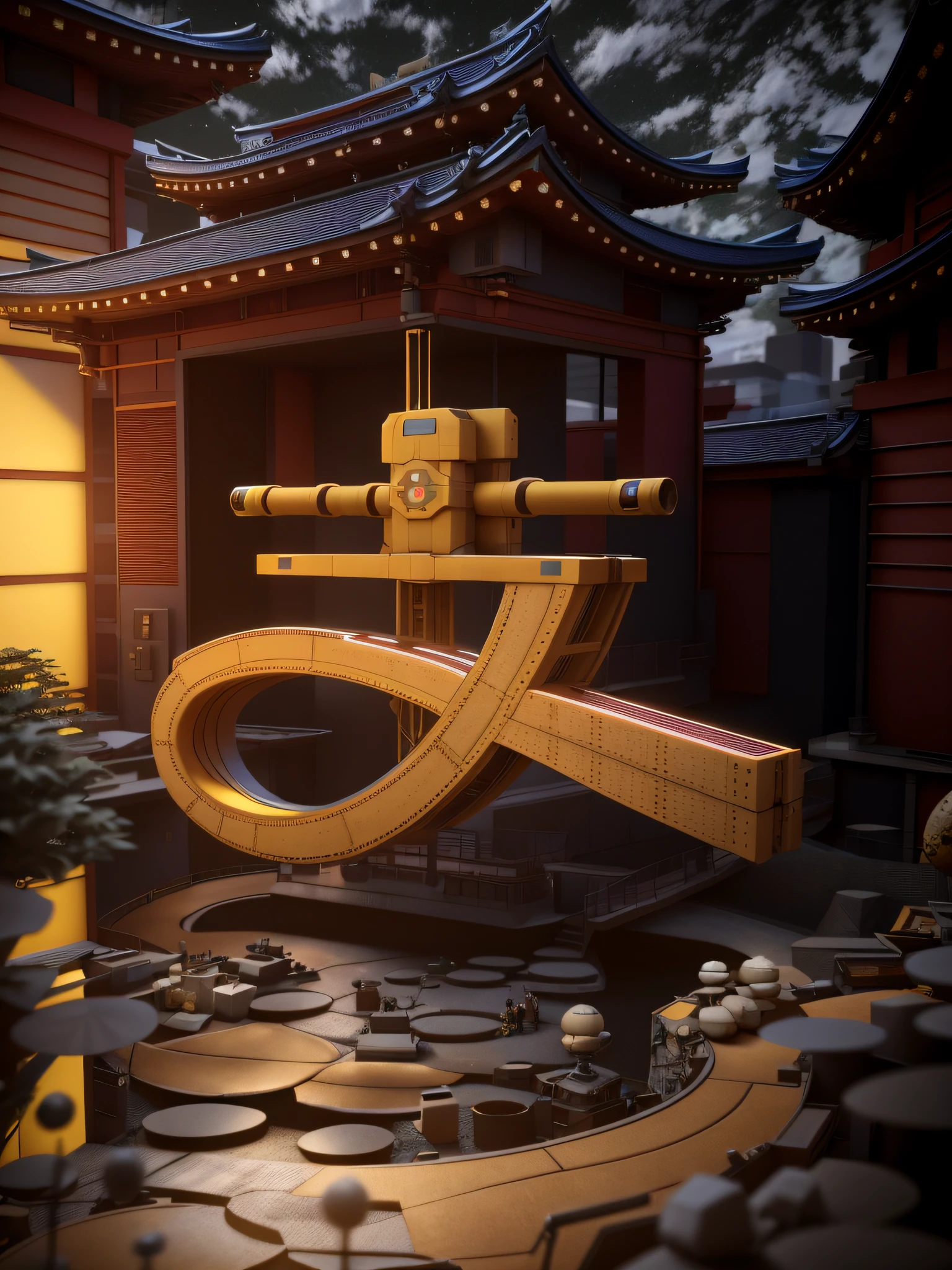 There is a spaceship in the city, japonisme 3 d 8 k ultra detailed, 3 d render stylized, inspired by Itō Jakuchū, Rendered in Cinema4D, rendered in cinema 4 d, stylized 3d render, depicted as a 3 d render, rendered in keyshot
