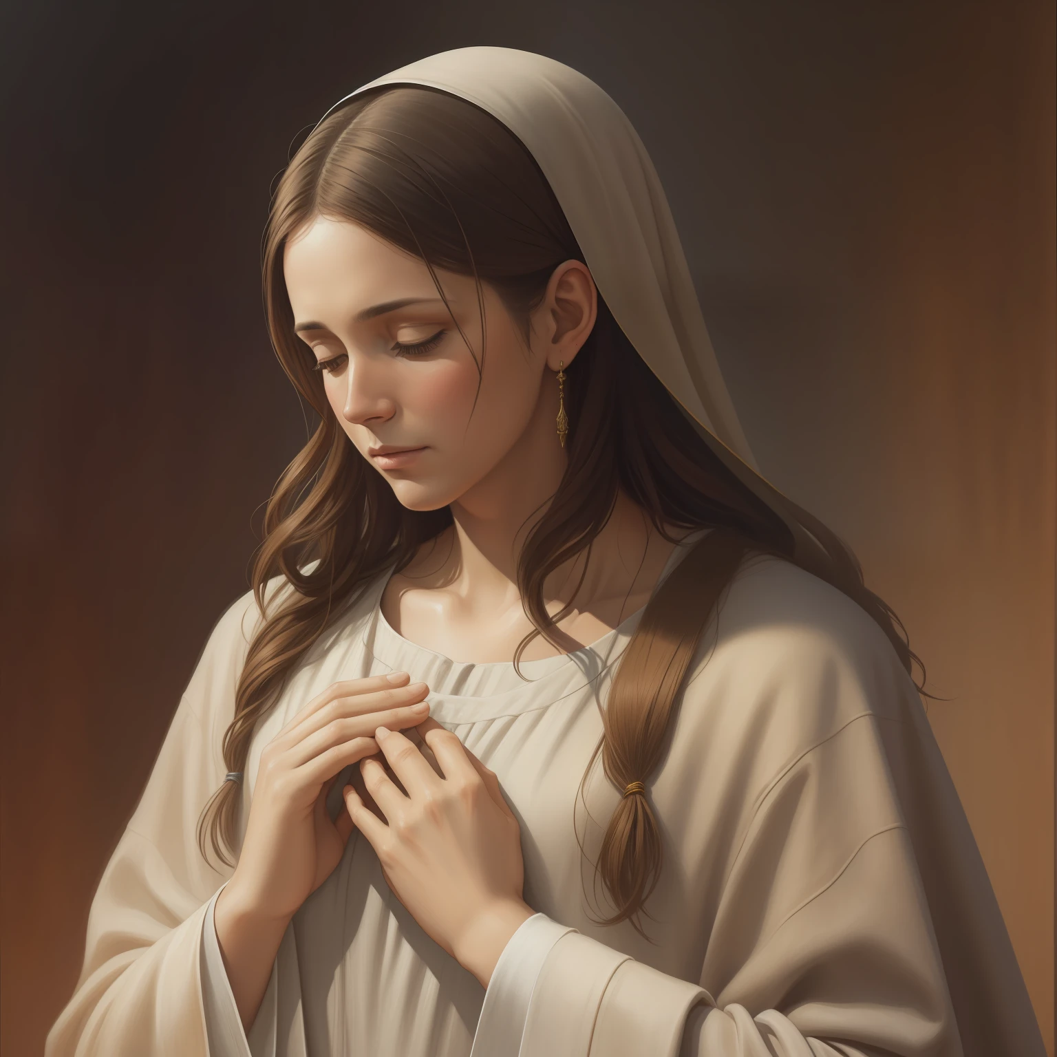 (Jesus movies Photo) A beautiful ultra-thin realistic portrait of Jesus, the prophet, a man 33 years old Hebrew brunette, short brown hair, long brown beard, wearing long linen tunic closed on the chest part, in front view, full body, biblical, realistic,by Diego Velázquez,Peter Paul Rubens,Rembrandt,Alex Ross,8k, Concept Art, PhotoRealistic, Realistic,  Illustration, Oil Painting, Surrealism, HyperRealistic, pray , Digital art, style, watercolor, natural background, Praying ( Blessing woman)