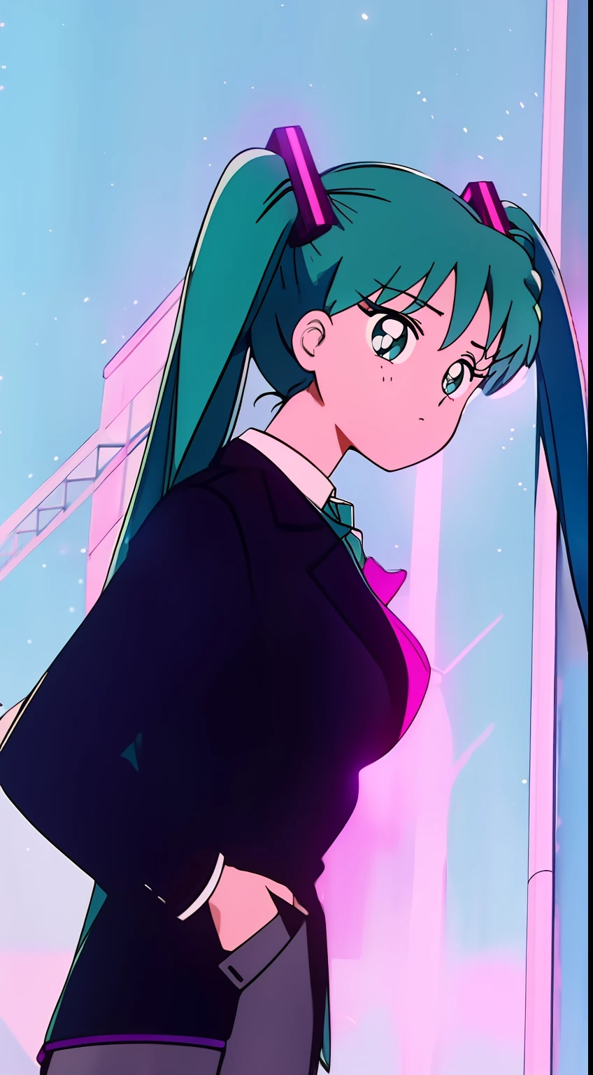 Wear a jacket，Big breasts Hatsune Miku，city neon light，looking at the stars