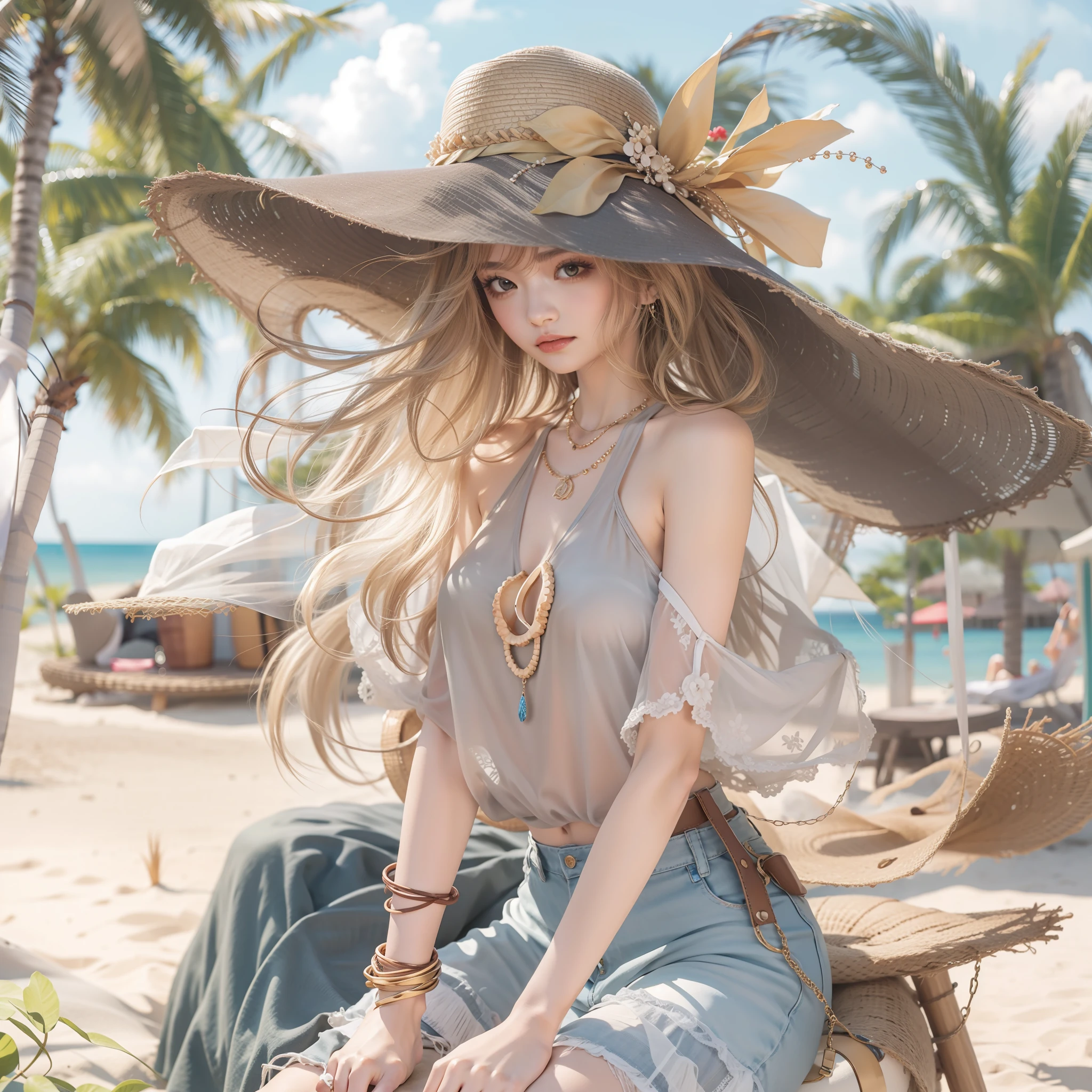 (masterpiece:1.2、top-quality)、garments:See-through、a wide-brimmed hat、and strappy sandals、 accessory:shell necklace、 The hair:Loose wavy ponytail、 make - up:natural, Glowing skin、 BEReaction:relax、easygoing、Free-spirited、 The location:the beach、Resort、outdoor festival、Akame、Colossal tits、
