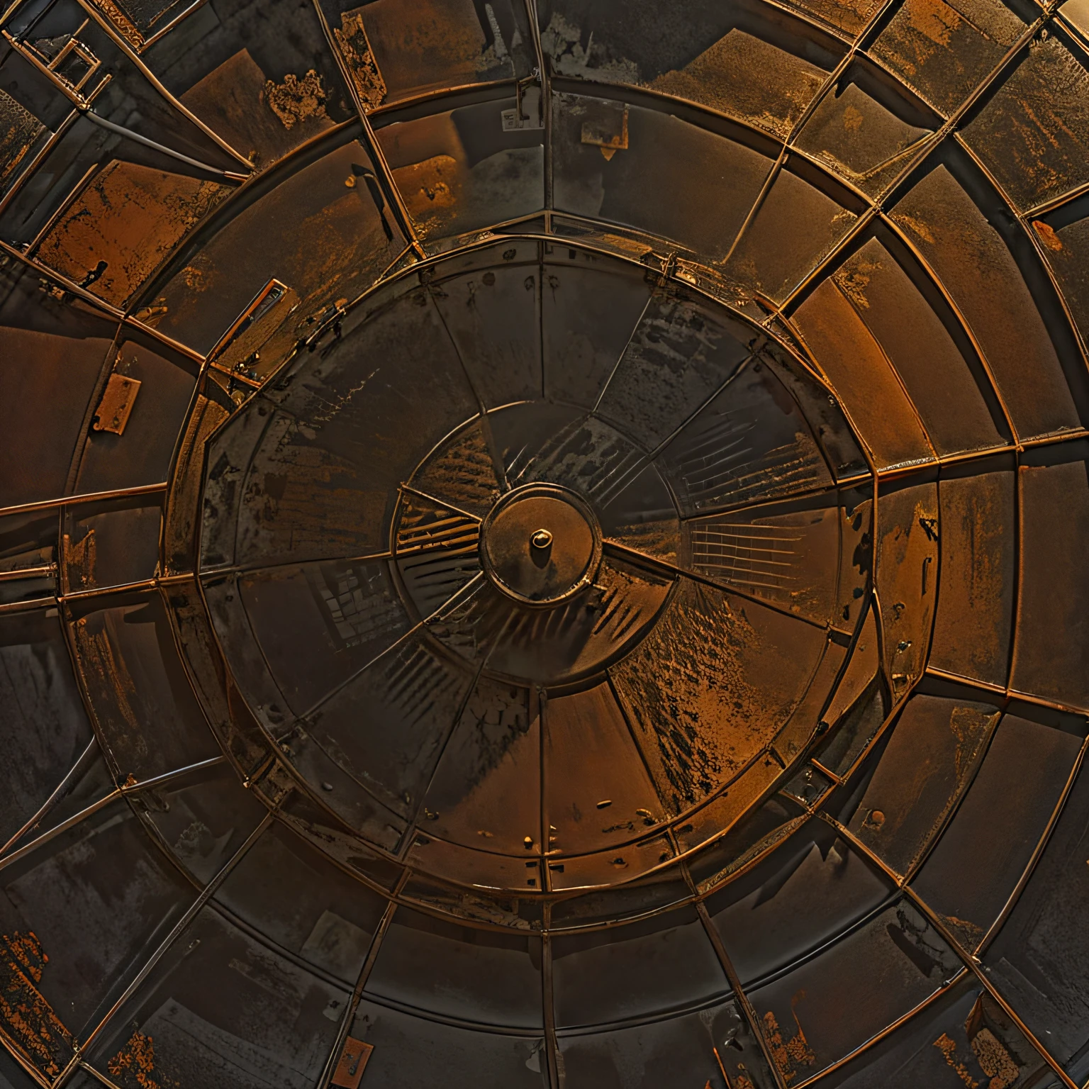 The metal roof of a huge water tower, Water tower conical roof, Texture of rusty water tower cover with streaks, Top view of the roof of the water tower,