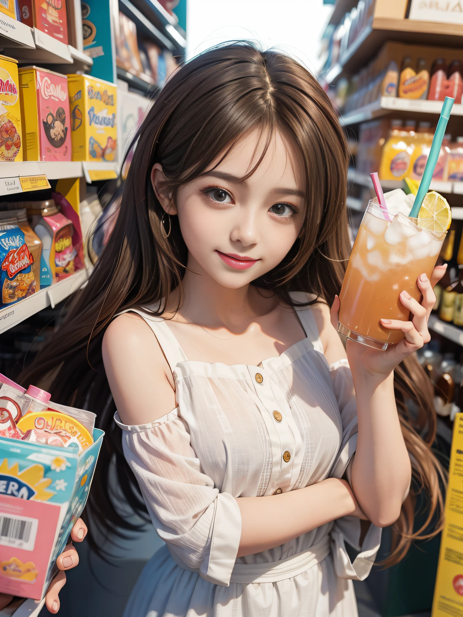 An anime character，Close-up of the head，big  eyes girl, Smile sweetly，pale brown hair，Shopping life scene, Disney  style, Drinking drinks