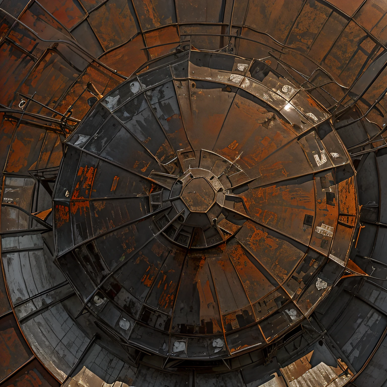 The metal roof of a huge water tower, Water tower conical roof, Texture of rusty water tower cover with streaks, Top view of the roof of the water tower,