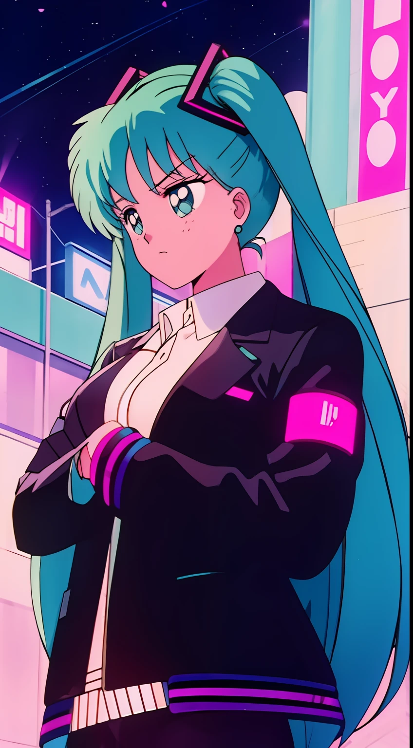 Wear a jacket,Big breasts Hatsune Miku,city neon light,looking at the stars