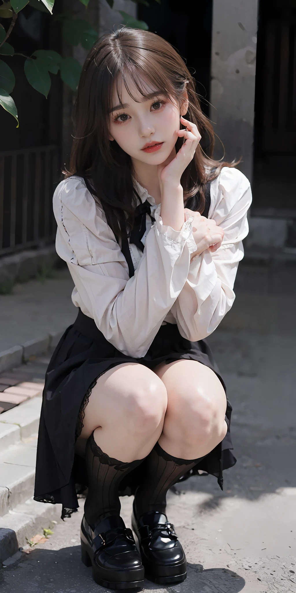 (high-detail:1.4)、(hyper realisitic:1.4)、(Smooth lighting:1.05)、32K、1womanl、20-year-old ta fashion girl、Realistic lighting、Facial Lights、Ray tracing、(brightened light:1.2)、(Quality Improvement:1.4)、(Realistic textured skin of the highest quality:1.4)、fine detailed eyes、A detailed face、Fine quality eye、dark brown eyes、Pink blouse、a black skirt、Lace white socks、Black shoes、full body Esbian、Squatting、I have a smartphone