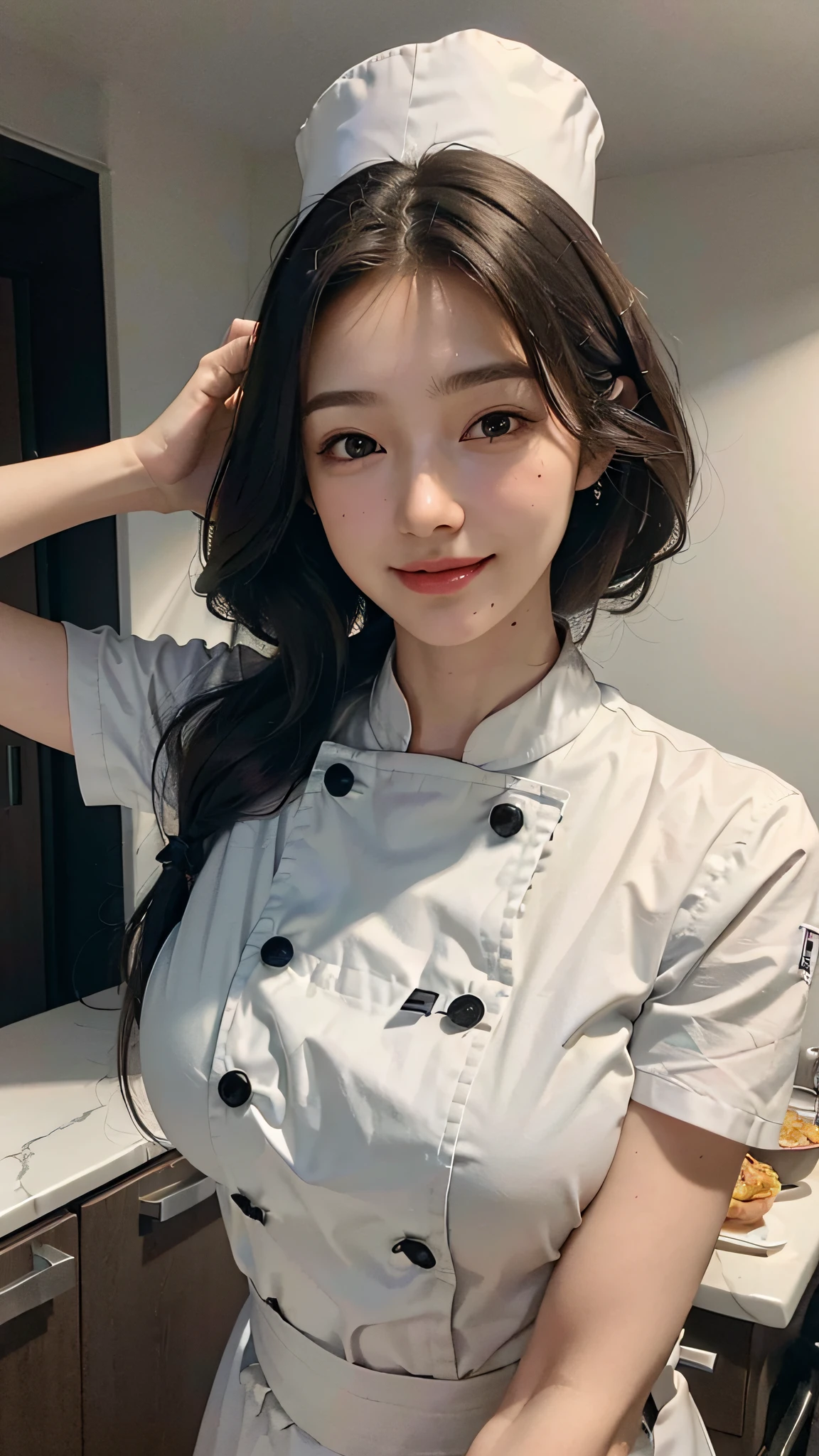 ((Chef)), ((Kitchen)), ((Top Quality, 8K, Masterpiece:1.3)), Various poses, Pretty woman, 1 woman, Big breasts:1.3, Slender figure:1.1, firm abs, happy smile, dark brown hair, very detailed face, detailed lips, detailed eyes, double eyelids