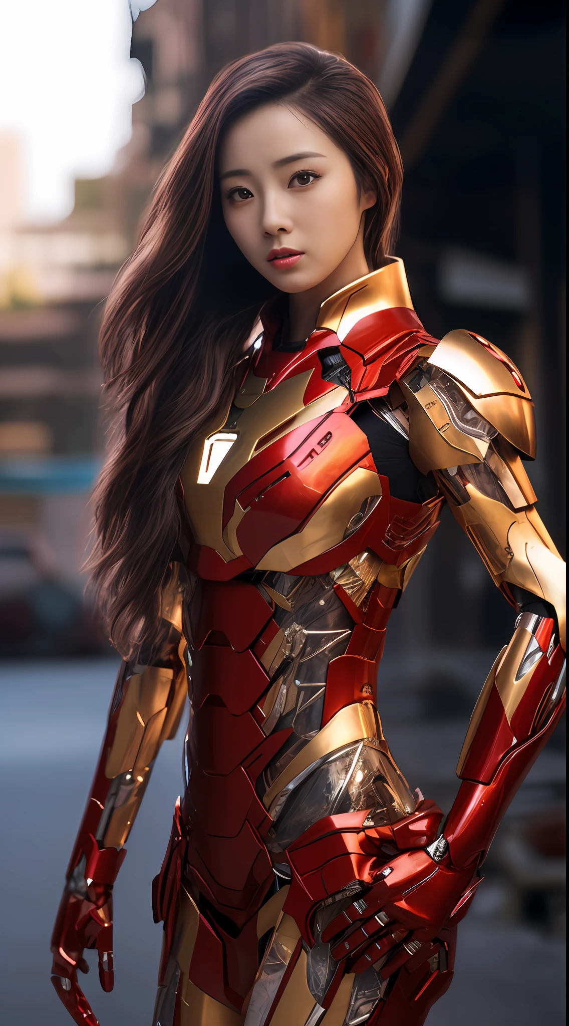 Chinese theme,RAW, Masterpiece, Ultra Fine Photo,, Best Quality, Ultra High Resolution, Photorealistic, Sunlight, Full Body Portrait, Stunningly Beautiful,, Dynamic Poses, Delicate Face, Vibrant Eyes, (Side View) , she is wearing a futuristic Iron Man mech, red and gold color scheme, highly detailed abandoned warehouse background, detailed face, detailed and complex busy background, messy, gorgeous, milky white, high detailed skin, realistic skin details, visible pores , sharp focus, volumetric fog, 8k uhd, dslr camera, high quality, film grain, fair skin, photorealism, lomography, sprawling metropolis in futuristic dystopia, view from below, translucent