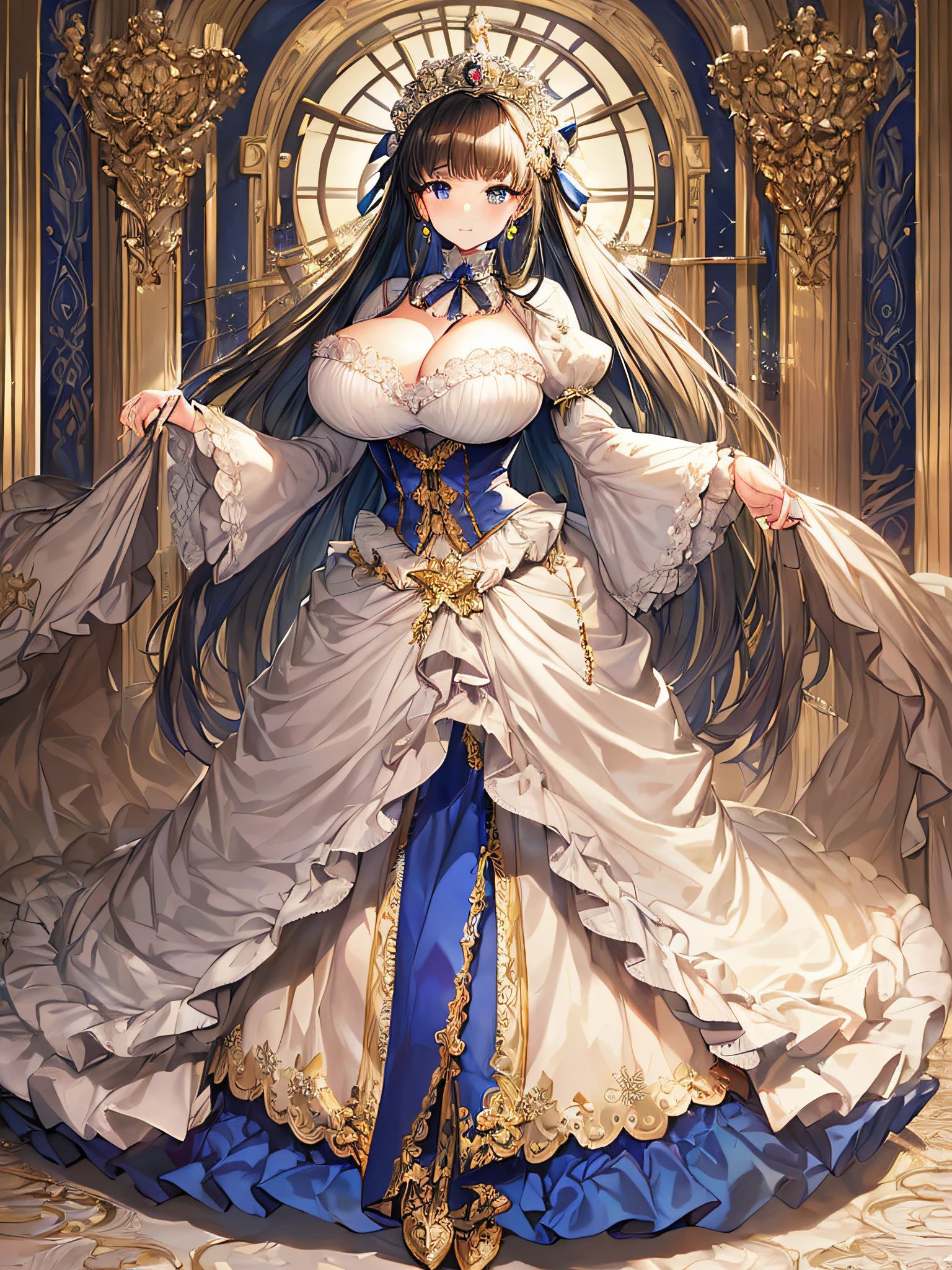 ((anime artstyle)),(Masterpiece),(Best Quality), (Super Detail),((Very Delicate and Beautiful)),((Solo)),((full body)),((1 princess in gorgeousfull victorian dress)),many ruffles,detailed face and eyes,jewel-like eyes,((voluminous Very Long Straight Hair)),((gorgeousfull embroidery and lace)),gorgeous corsage,See-through,gorgeousfull hair ornament,gorgeousfull glitter jeweled tiara,ornate ruffles,((gigantic breasts,Long breasts)),skindentation,((full body)),((hoop skirt,crinoline)),standing pose,Dynamic Angle,Looking at viewer,royal victorian palace,(((gorgeous embroidery gorgeousfull victorian dress)),full body