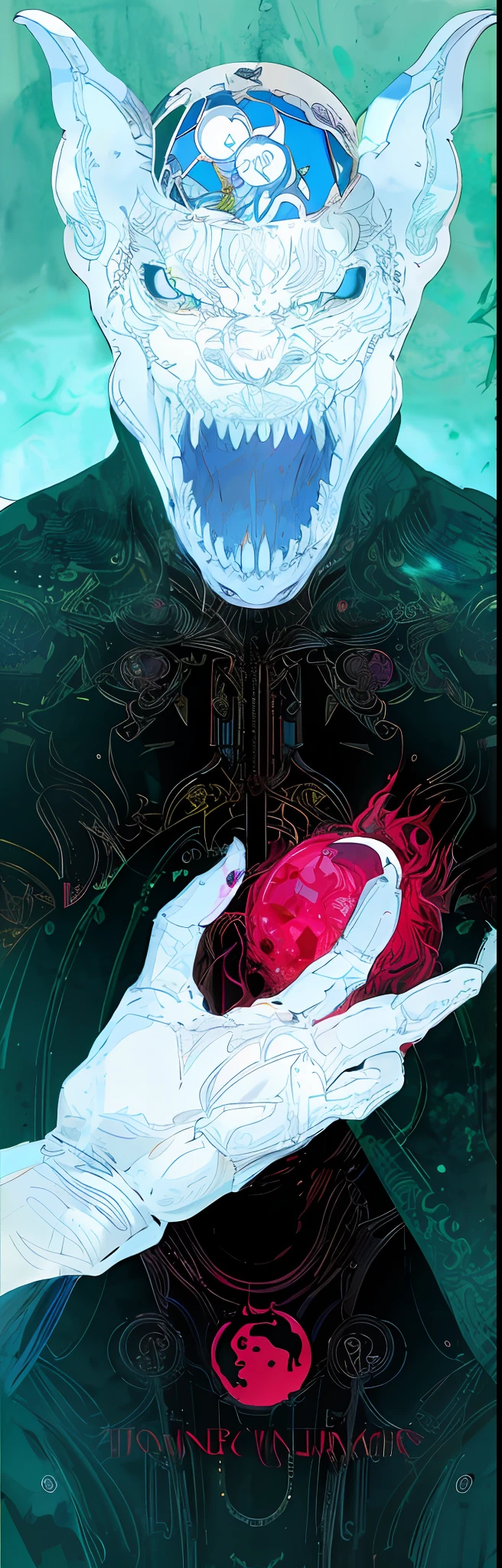 Draw a white face，A werewolf with a red heart in his hand, inspired by Philippe Druillet, Ding-dong , yoshitaka amano and junji ito, moebius and kilian eng, cybernetic demon dreaming, melted cyborg, Bio mech, HR Giger ) ( ( Stained glass, Biological Human Resources Gig style