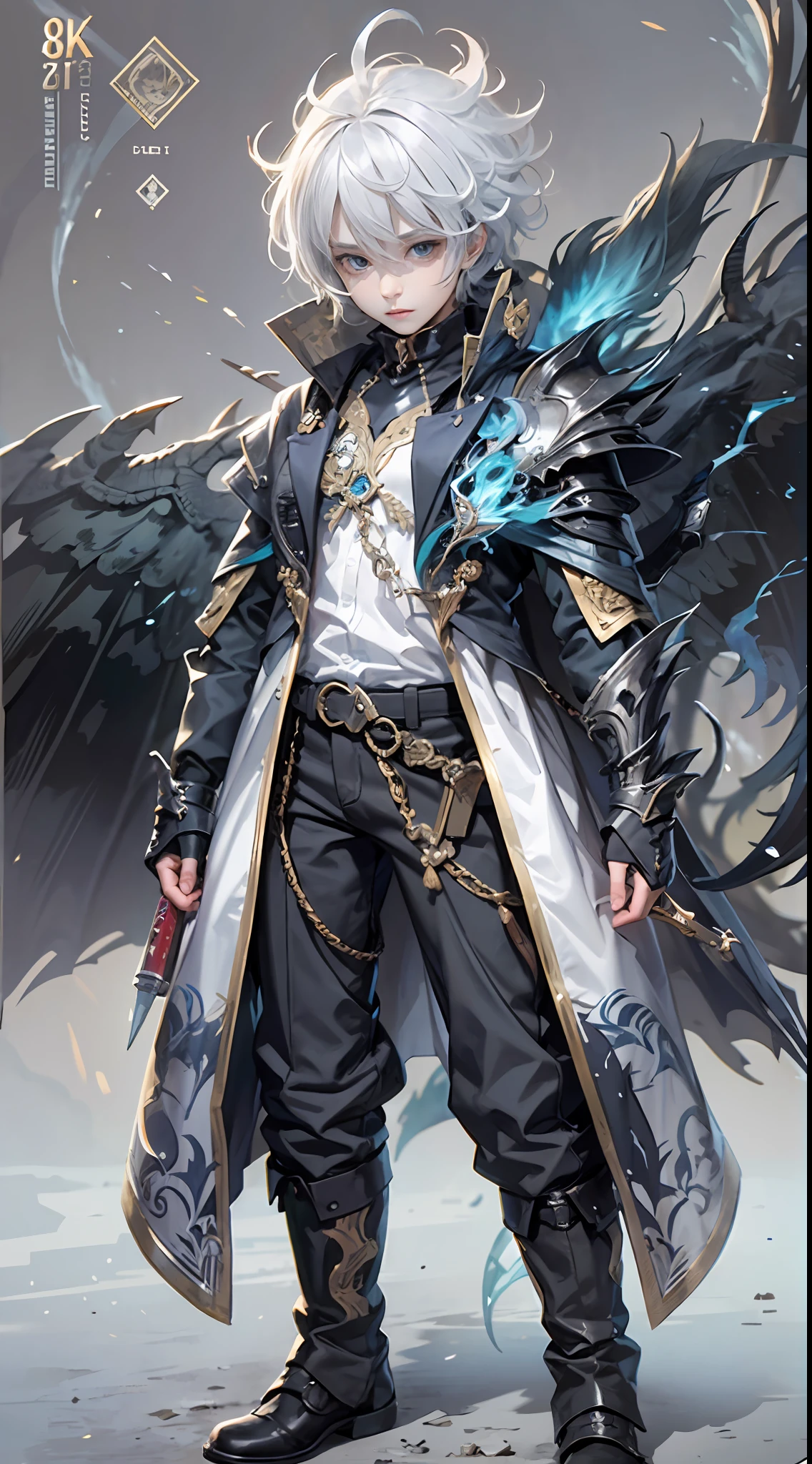 A high resolution，high detal，8K，（A boy:1.9），cool guy，high-definition face，Messy short silver-white hair and medium white hair standing at the ends，A gifted dark spell master，Black and white spell master set，A hand burning with blue flames，fire spell，Gorgeous black feathered wings，A dragon surrounds the protagonist，The is very detailed，Ultra-high sharpness，Thick coating，Dragons surround the background