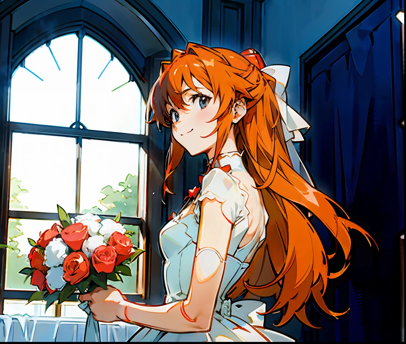 asuka，ssmile，beside the window，Wear a wedding dress，(Wedding dress color:red colour)，Flowers in hand