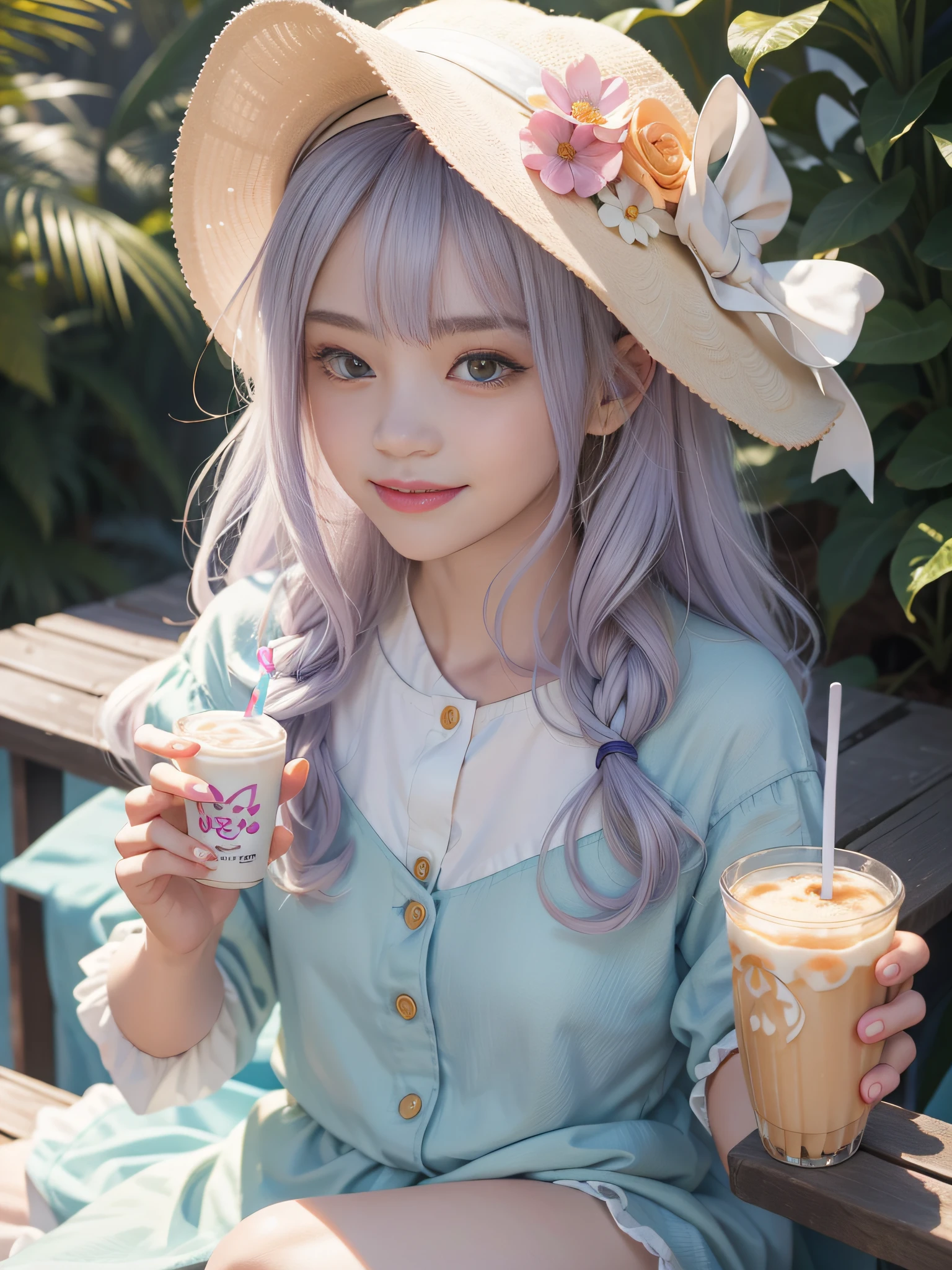 Close-up of the head，light colors hair，Disney girl，3D face，Wear fashionable and colorful clothes，Wear a suitable hat on your head，watered eyes，Sweet smiling ，Drink milk tea --S 400 --ar 3:4 --q 5 --niji 5