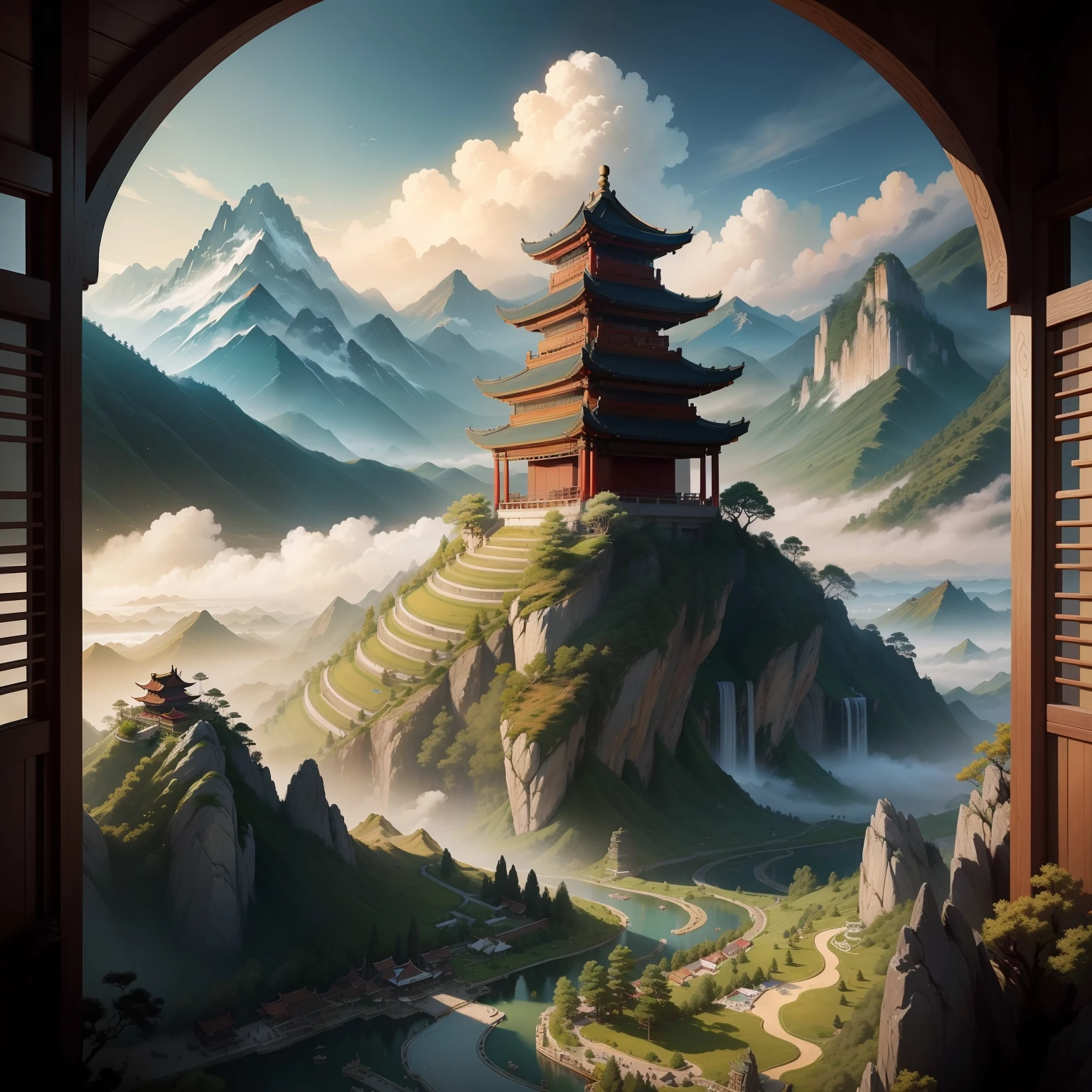 An ancient Chinese painting, ancient Chinese background, mountains, rivers, auspicious clouds, pavilions, sunshine, masterpieces, super detail, epic composition, ultra HD, high quality, extremely detailed, official art, unified 8k wallpaper, Super detail, 32k -- v 6