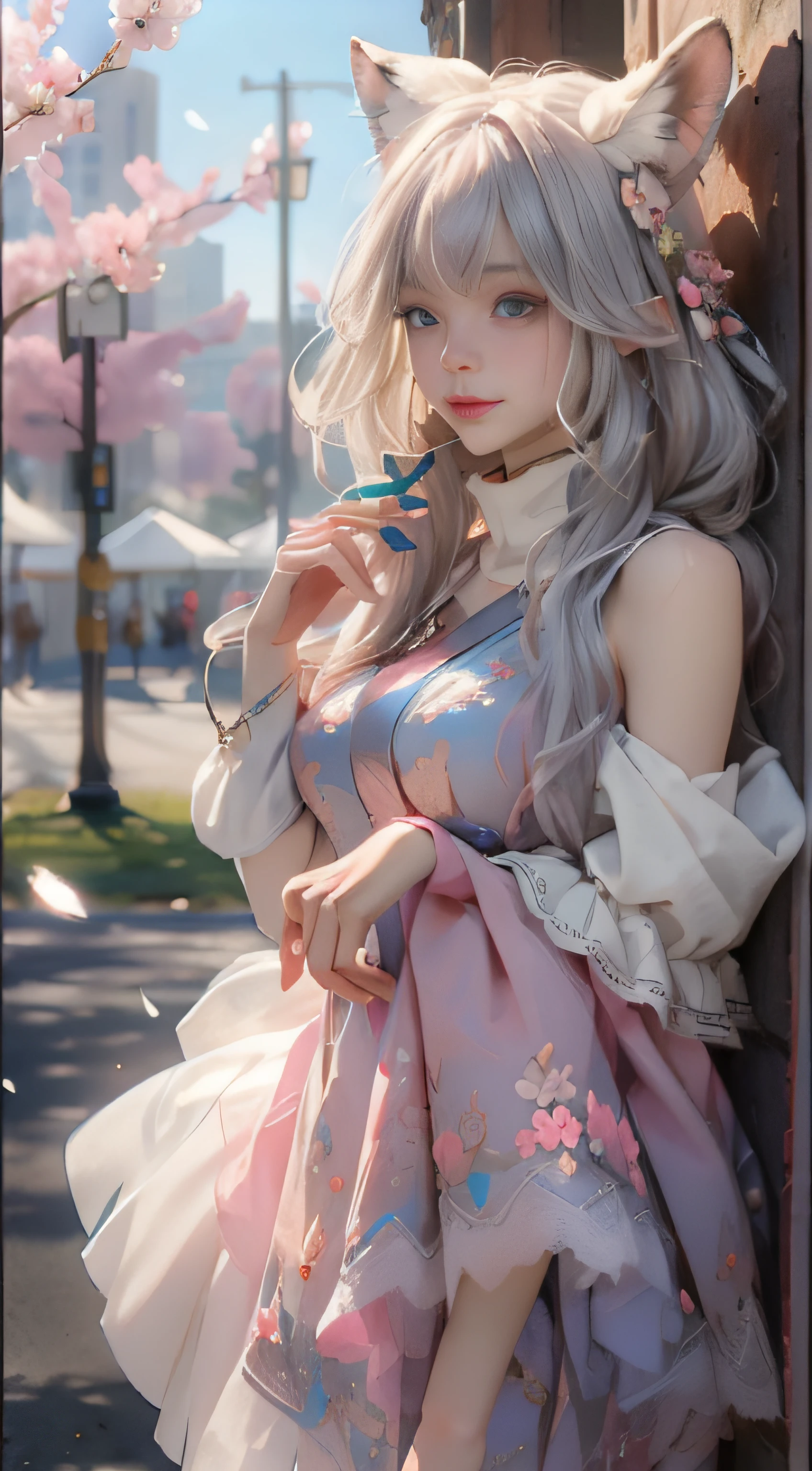 （（best qualtiy））， （（tmasterpiece））， （detail：1.4）， Beautiful cyberpunk female images，hdr（HighDynamicRange），Ray traching，NVIDIA RTX，Hyper-Resolution，illusory 5，sub surface scattering，PBR textures，post-proces，Anisotropy Filtering，depth of fields，maximum definition and sharpness，Many-Layer Textures，Albedo e mapas Speculares，Surface coloring，Mitsu-Accurate simulation of material interactions，perfectly proportioned，rendering by octane，Two-colored light，largeaperture，Low ISO，White balance，Rule three points、8K raw data、Beautiful bright blue pupils，off-the-shoulder clothes，Fine pupils，Delicate face and eyes，long eyelasher，Blushlush，Delicate and fluffy hair，pink lip，Pure，Cute face，Sweet girl，Artistic sense，Casual wear，Advancedsense，butterflys，Cherry blossom petal，Beautiful hair accessories，Long hair and waist，Hair fluttering in the wind，Snow-white fox ears，curlies，Snow-white fluffy tail，Positive light，The light from the back window is backlighted