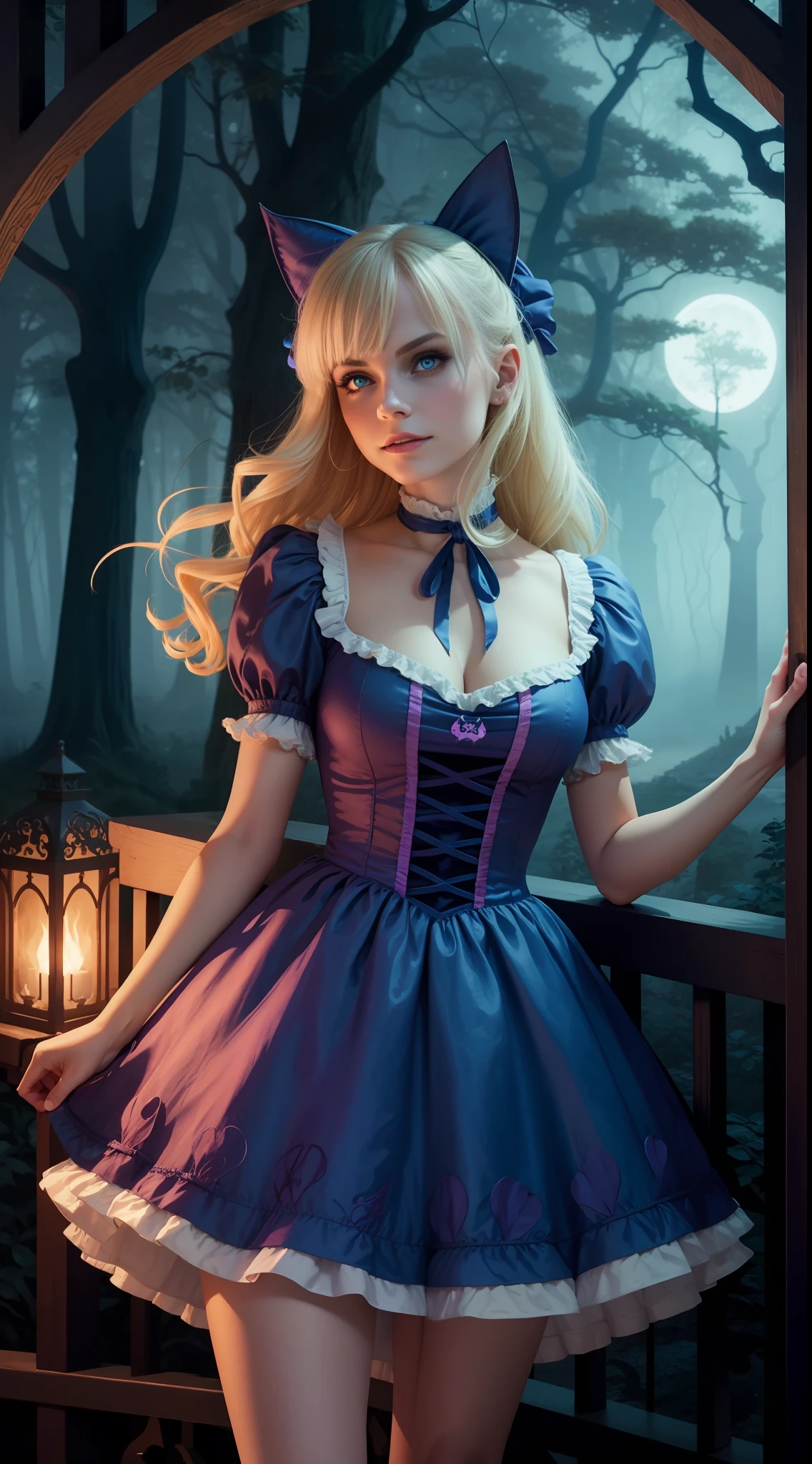 Alice in Wonderland, evil, night time, woods, mist, hiquality, blonde woman, a perfect face, Cheshire Cat, blue dress