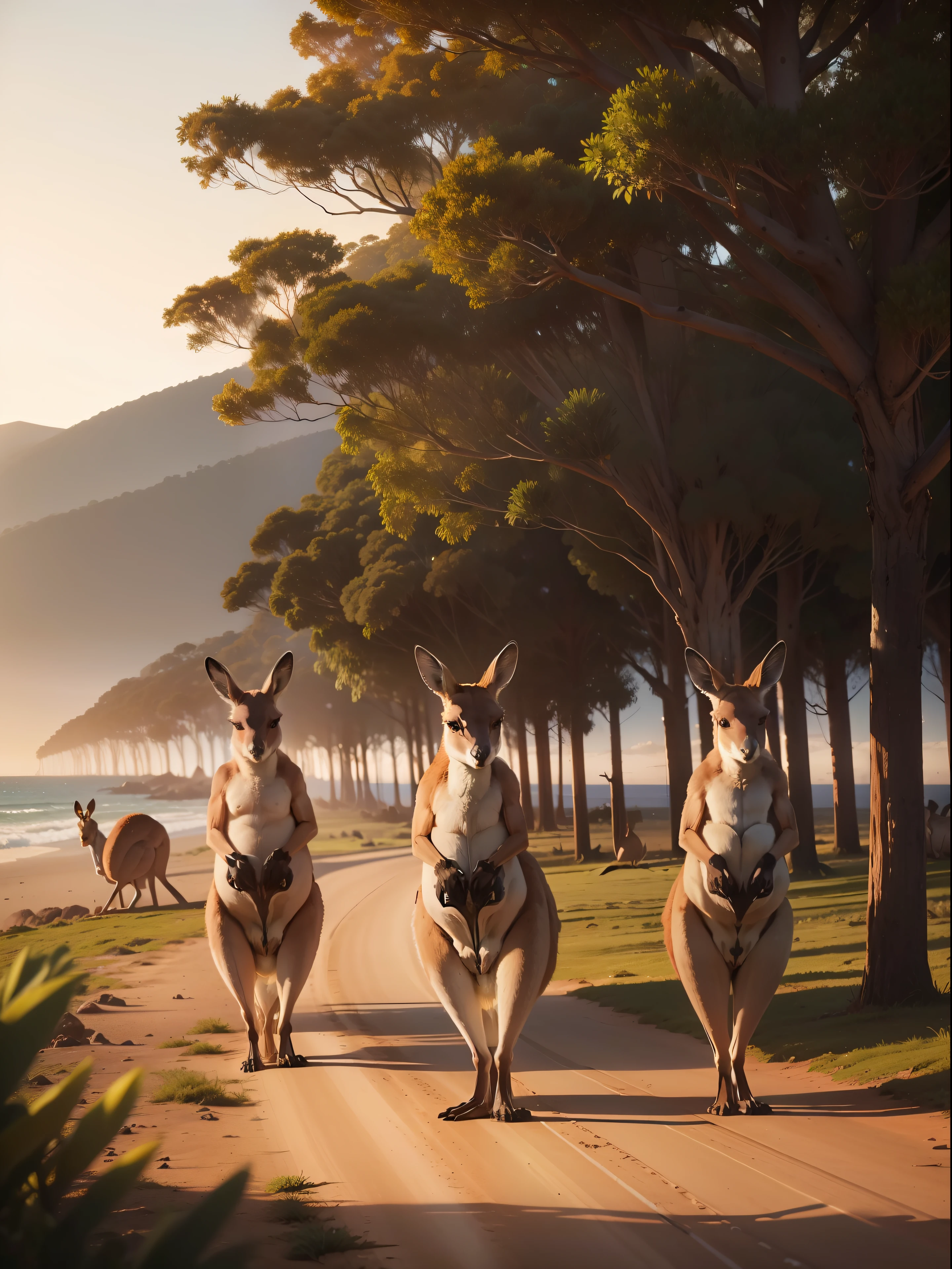 25 large herd of kangaroos standing up on a beach in a line facing at the camera with greenery in background, (((camera facing kangaroos))), subject : kangaroos, in pouch, candid photo, national geographic, cinematic, aussie, curious animals, australia, sunset, beautiful landscape, vibrant sky, (((greenery))), (((wide shot))), wildlife, proud looking, hyper realistic photo, 8k, high resolution, (((kangaroos))), clear faces, kangaroo fur, realistic