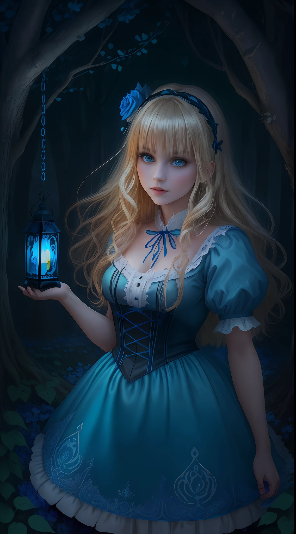 Alice in Wonderland, evil, night, forest, mist, high quality, blonde girl, perfect face, cheshire cat, blue dress, Gothic landscape, digital drawing, foto realista, a closeup of a, Detailed drawing, night time, mist, tree trunk, entwined with climbing blue roses, Blue rosebuds, Lanterns on branches