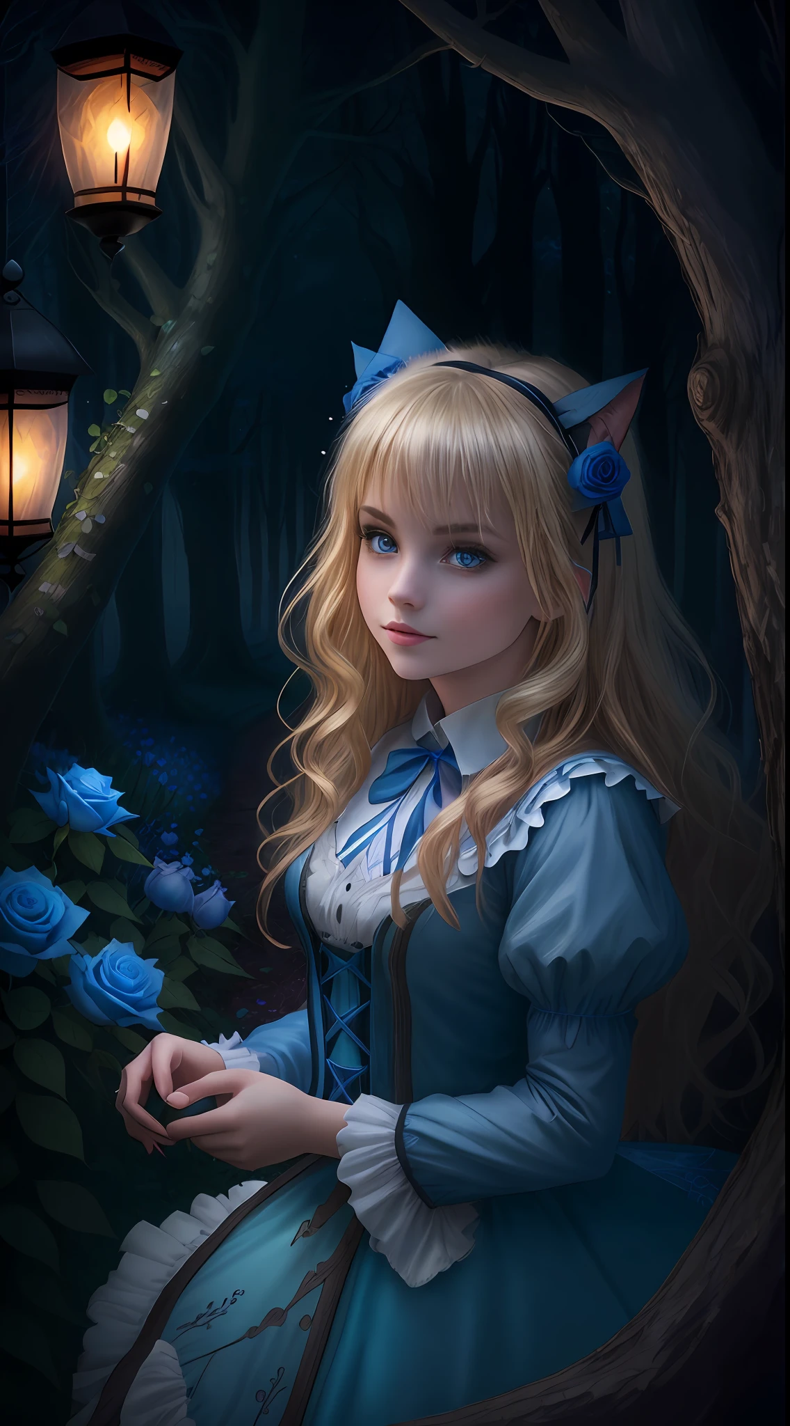Alice in Wonderland, evil, night, forest, mist, high quality, blonde girl, perfect face, cheshire cat, blue dress, Gothic landscape, digital drawing, foto realista, a closeup of a, Detailed drawing, night time, mist, tree trunk, entwined with climbing blue roses, Blue rosebuds, Lanterns on branches