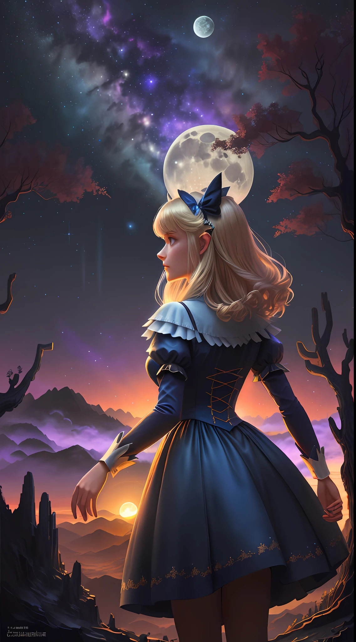 Extensive landscape photography (Looking at the sky and the desert below): Alice in Wonderland, evil, night, forest, mist, high quality, blonde girl, perfect face, cheshire cat, blue dress, (full moon: 1.2), (meteor: 0.9), (nebula: 1.3), Distant mountains, The Art of Creating Breaking Trees, (Warm Spring: 1.2), (Firefly: 1.2), Lights, purple and orange, intricate detials, volumetric lighting BREAK (tmasterpiece: 1.2), (topquality), 4K, ultradetailed, (Dynamic configuration: 1.4), Highly detailed and colorful details (The color of the rainbow: 1.2), (Sparkling lighting, Ambiance Lighting), dreamy, elvish, (独奏: 1.2), (Dragon God Yin), (Through the clouds), (The top of the mountains), (intrikate), (super detaill), (Starry sky background), (Thick limbs), (Moonlit night), (Ultra Transparent), (beste-Qualit),