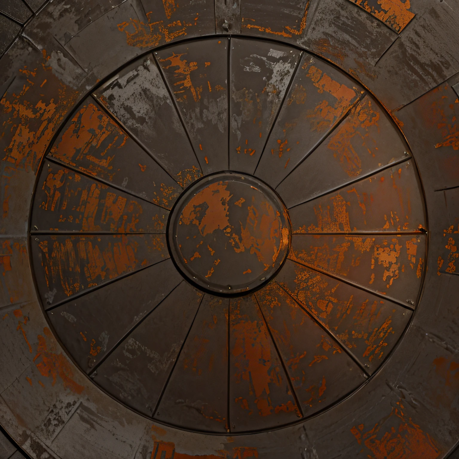 The metal roof of a huge water tower, Water tower conical roof, Texture of rusty water tower cover with streaks, Top view of the roof of the water tower,
