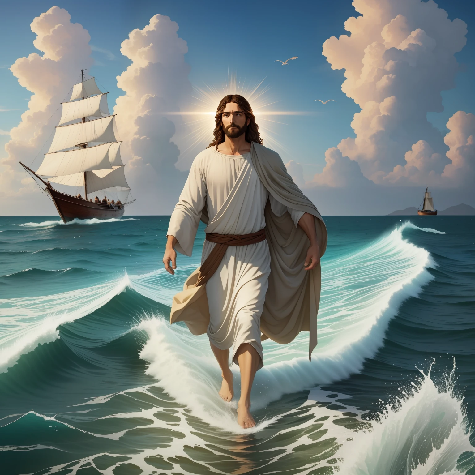 Jesus walking on water with a boat in the background, Jesus walking on water, biblical illustration, epic biblical representation, forcing him to flee, coming out of the ocean, ! holding in hand!, disembarking, god of the ocean, beautiful representation, 8k sunny blessings light, realistic,