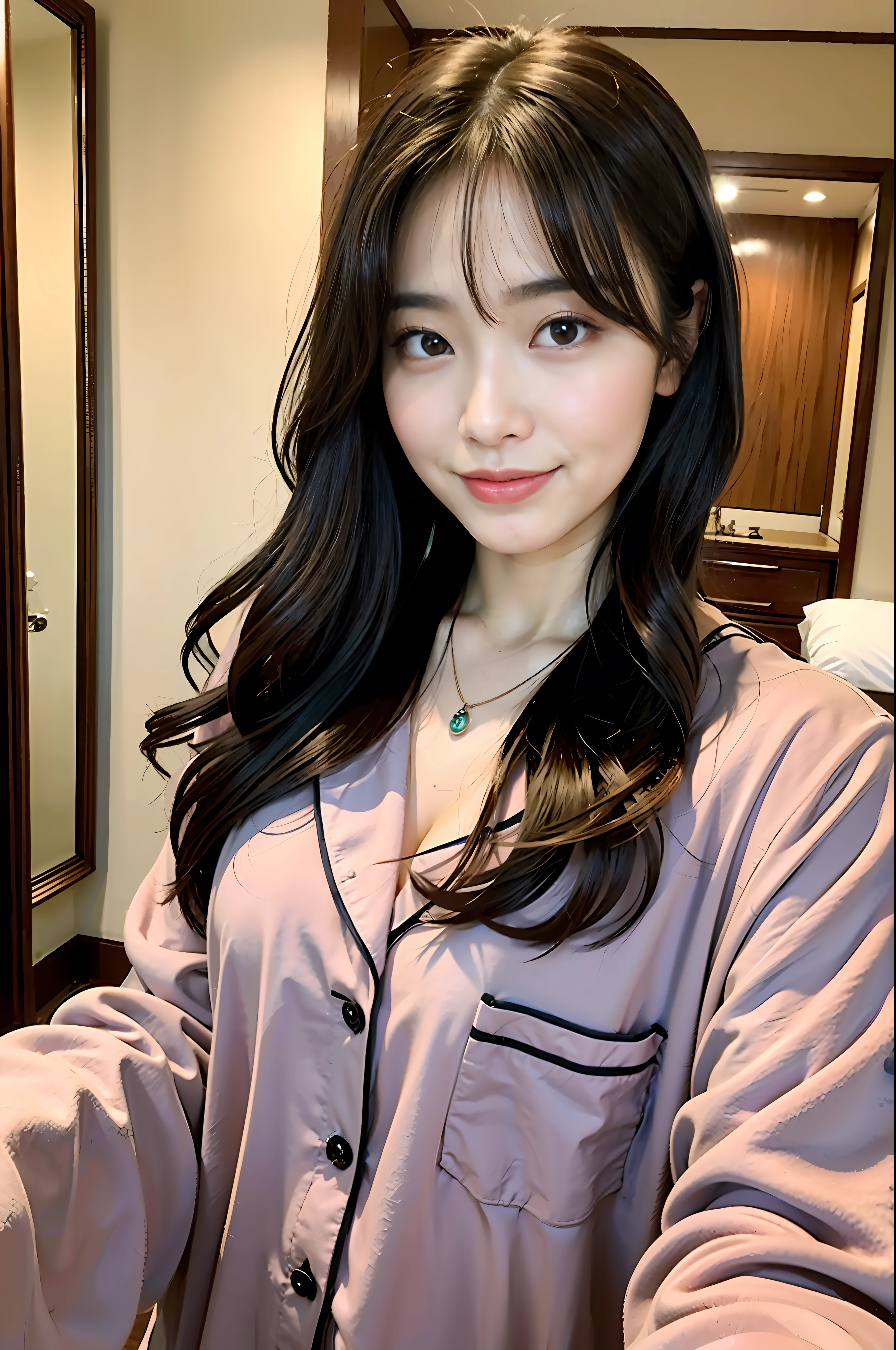 (Masterpiece:1.3)、(8k、Photo Realistic、RAW Photography、top-quality: 1.4)、super definition、anatomically correct、Textured skin、(1girl、solo)、(Shooting for one person only)、beautiful countenance、(realistic face)、Korean model(A dark-haired、Center division、Long:1.3)、Chinese models(A dark-haired、Center division、Long:1.3)、More Korean than Chinese、realistic eyes、real looking skin、Beautiful details、Beautiful skins、A charming smile、Smiling smile、super high resolution、(hyper-realistic)、anatomically correct、Textured skin、Sharp jawline、perfect proportions 、(plump bust)、Necklace、 Realistic Light、(selfies)、(pajamas)、reflected in the mirror、bedroom in the background、Take a selfie with your smartphone in your right hand