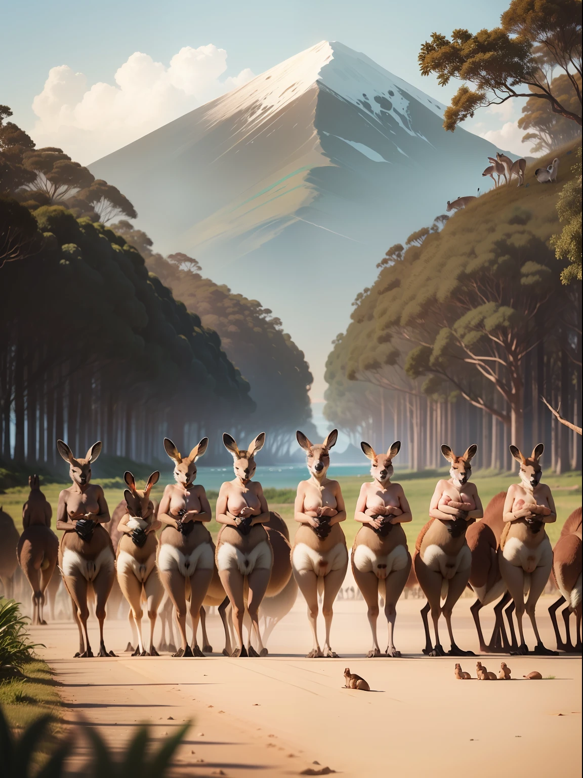 25 large herd of kangaroos standing up on a beach in a line facing at the camera with greenery in background, (((camera facing kangaroos))), subject : kangaroos, baby in pouch, candid photo, national geographic, cinematic, aussie, curious animals, australia, sunset, beautiful landscape, vibrant sky, (((greenery))), (((wide shot))), wildlife, proud looking, hyper realistic photo, 8k, high resolution, (((kangaroos))), clear faces, kangaroo fur, realistic