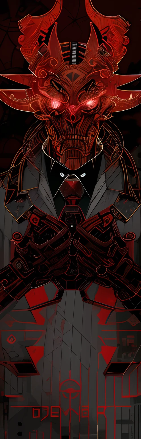 Draw a demon，There are pistols and bow ties, red demon cyberpunk symbols, Wallpaper phone, Red Biomechanics, Set ninja background, red biomechanical details, gungrave, Magic machine, dark cyberpunk illustration, Detailed cover artwork, symetry!! portrait of cyborg, phone background, Cover art, Just the art of dark metal music, Official artwork