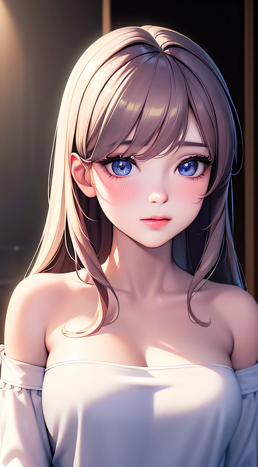 (photorealistic:1.4), (masterpiece, side dim light, finely detailed beautiful eyes: 1.2), masterpiece*portrait, realistic, 3d face, Stelle \(honkai star rail\), 1girl, white oversize T-shirt, bare shoulder, universe, rail, bangs, blush, shy, lustful eyes, medium long hair, looking at viewer, gasp, medium breasts