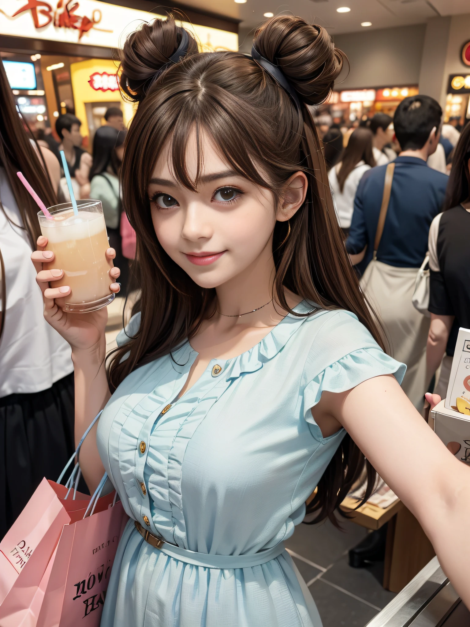 An anime character,Close-up of the head,big eyes girl, Smile sweetly,pale brown hair,Shopping life scene, Disney style, Drinking drinks