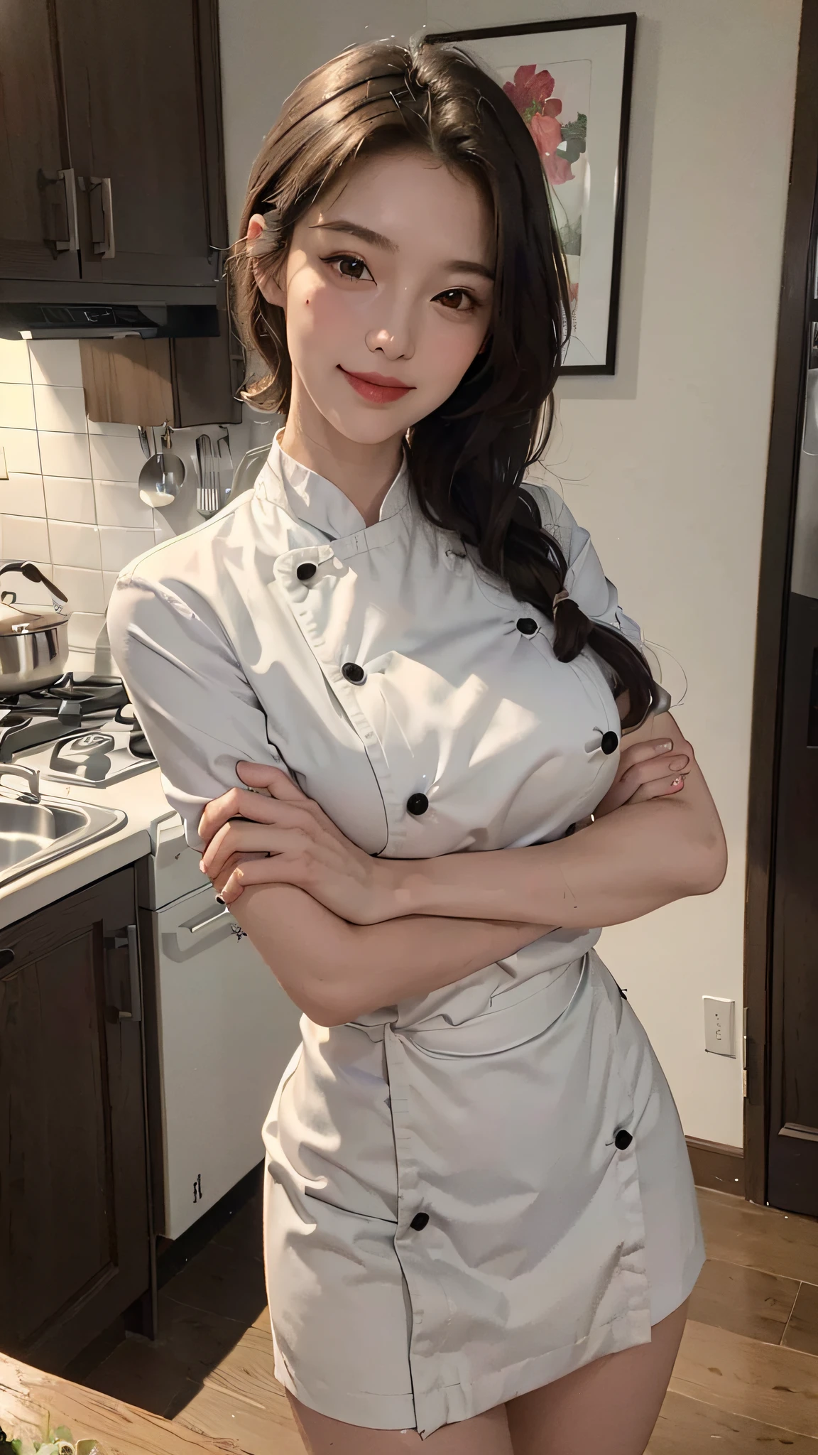 ((Chef)), ((Kitchen)), ((Top Quality, 8K, Masterpiece:1.3)), Various poses, Pretty woman, Erotic clothes, 1 woman, Big breasts:1.3, Slender figure:1.1, Firm abs, happy smile, dark brown hair, very detailed face, detailed lips, detailed eyes, double eyelids