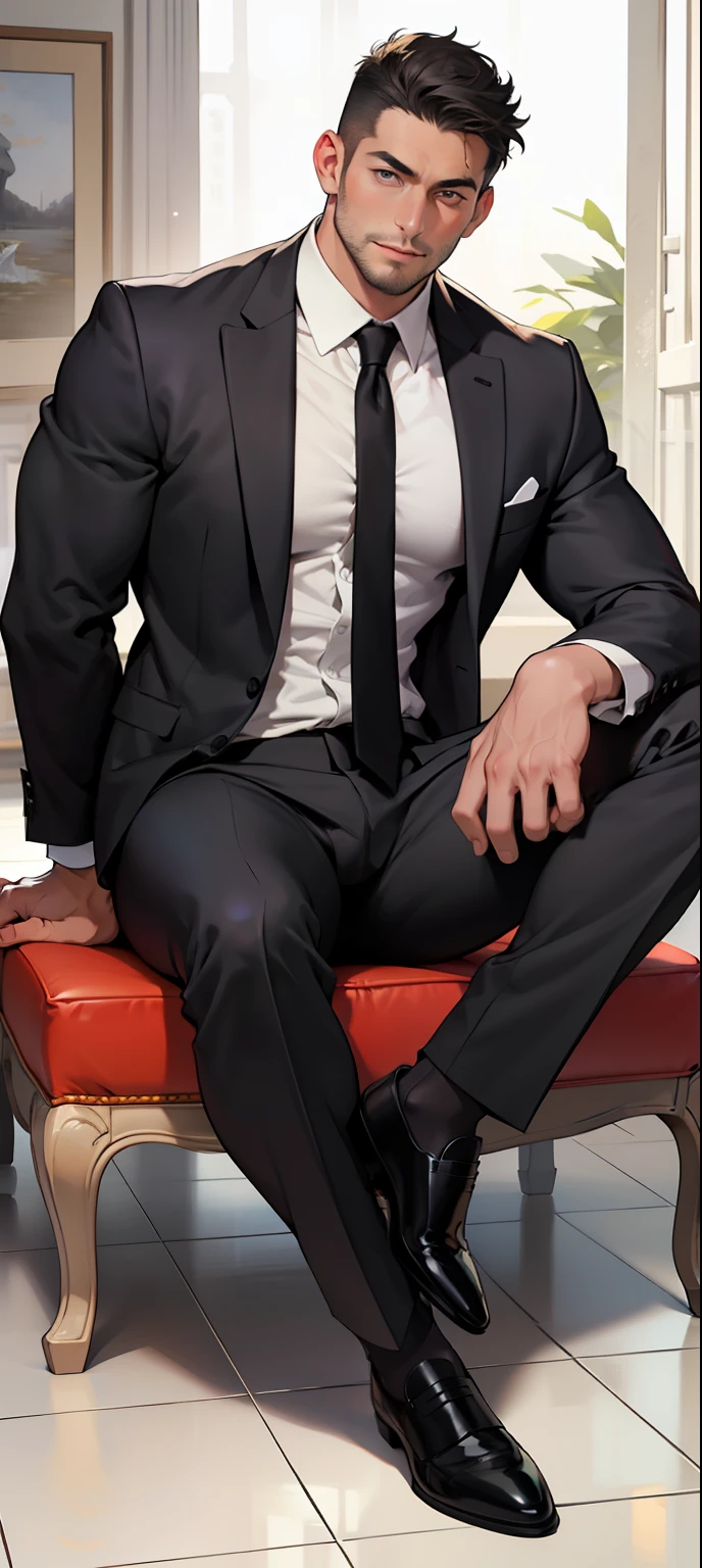 masterpiece, best quality, face, natural eyes, 1man, european, big feet, (in suit), in suit, wearing black socks, sitting with leg stretched, full body, white shirt,  large bulge, long legs, looking at viewer, 30 years old, muscled and mature, short haircut, sweating, tight cloth, erecting