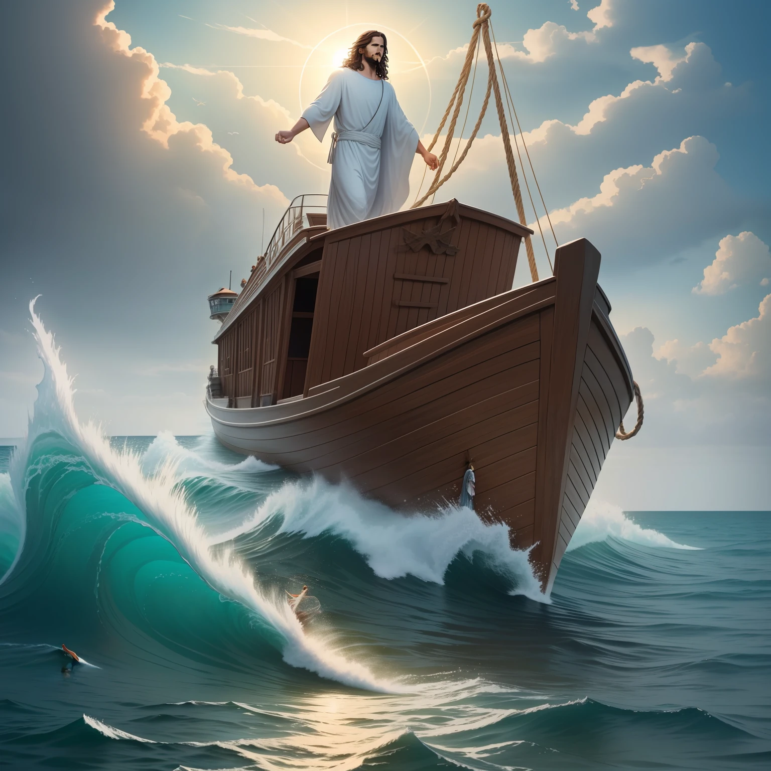 Jesus walking on water with a boat in the background, Jesus walking on water, biblical illustration, epic biblical representation, forcing him to flee, coming out of the ocean, ! holding in hand!, blessing to help people, disembarking, god of the ocean, beautiful representation, 8k sunny blessings light, realistic,