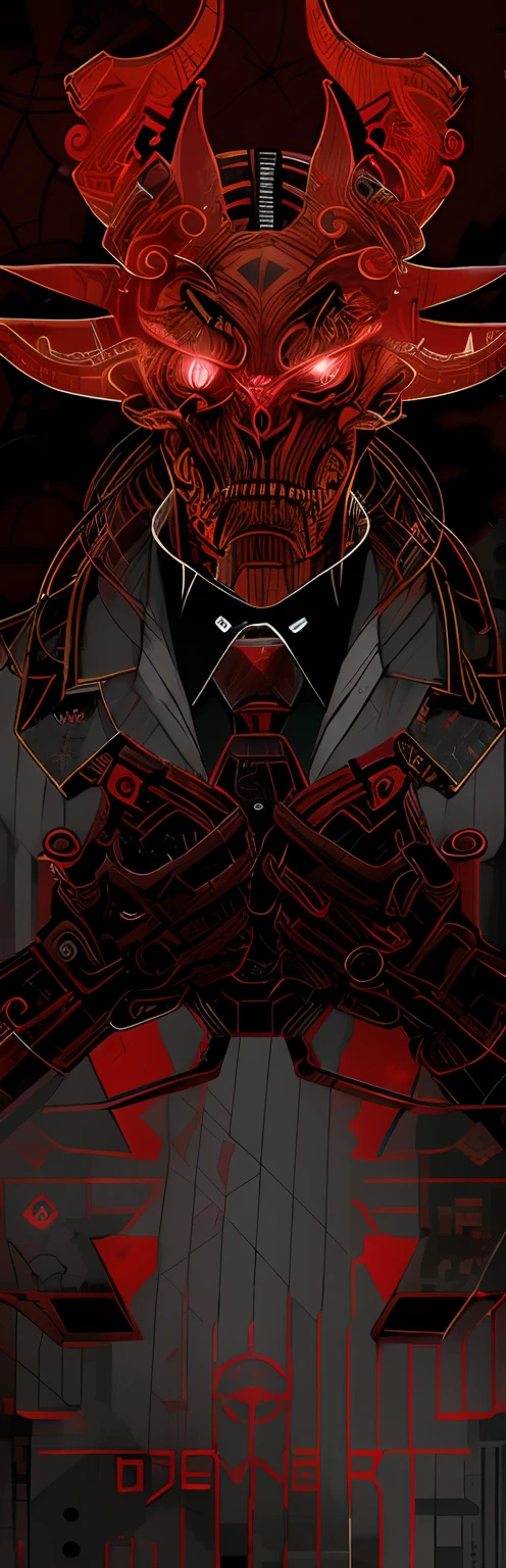 Draw a demon，There are pistols and bow ties, red demon cyberpunk symbols, Wallpaper phone, Red Biomechanics, Set ninja background, red biomechanical details, gungrave, Magic machine, dark cyberpunk illustration, Detailed cover artwork, symetry!! portrait of cyborg, phone background, Cover art, Just the art of dark metal music, Official artwork