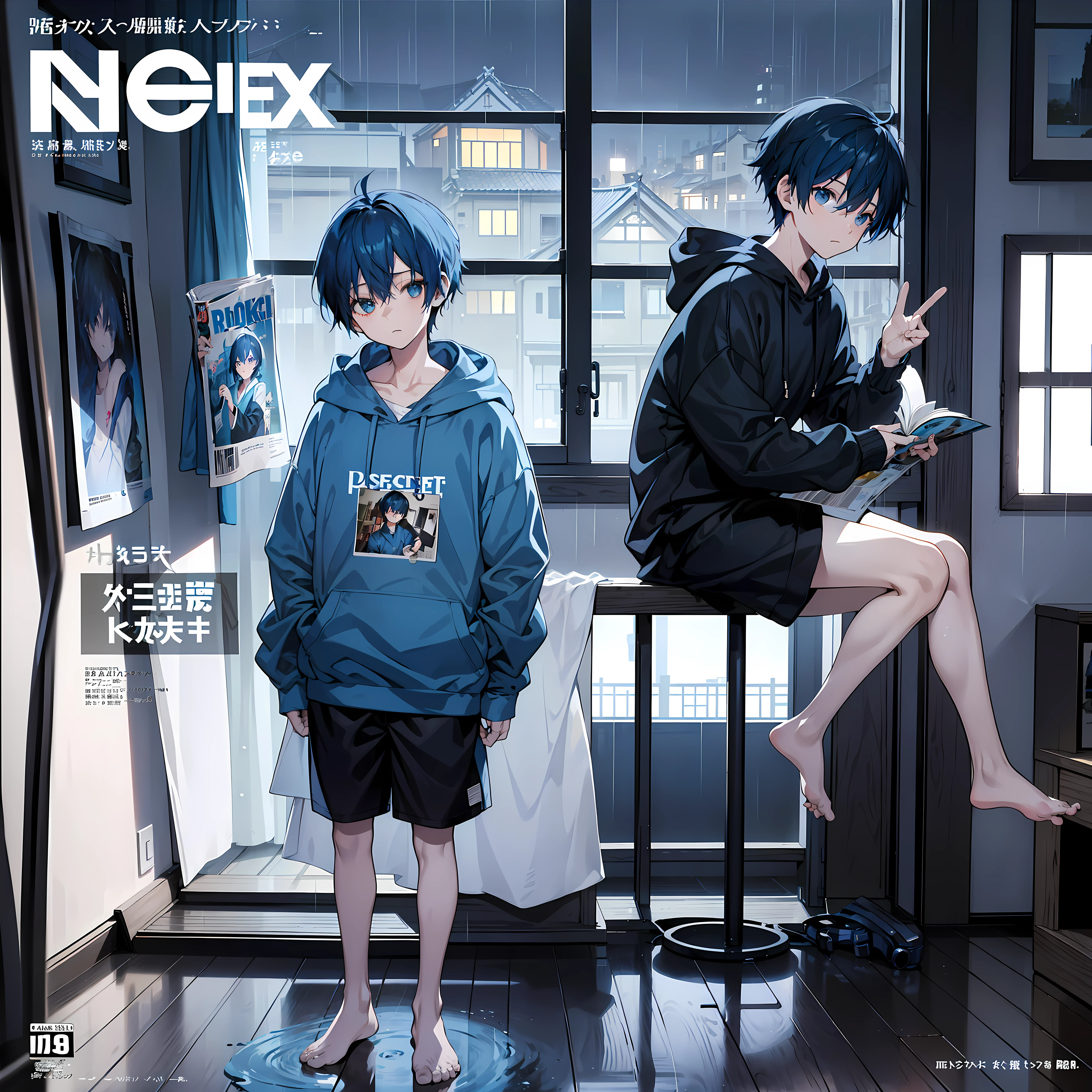 masterpiece, best quality, full body, (1boy), (blue hoodie), (Boy Messy Japanese Round Haircut for Thick Hair), (blue hair), black shorts, (solo), (magazine:1.3), (cover-style:1.3), fashionable, in side bedroom, rain outside the window