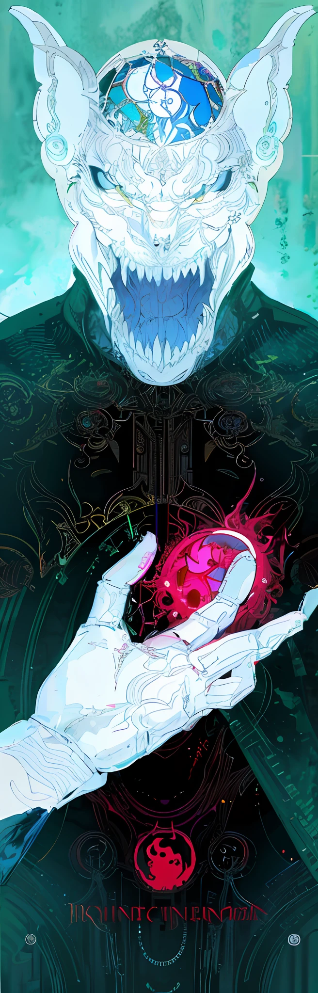 Draw a white face,A werewolf with a red heart in his hand, inspired by Philippe Druillet, ding-dong , yoshitaka amano and junji ito, moebius and kilian eng, cybernetic demon dreaming, melted cyborg, Bio mech, HR Giger ) ( ( Stained glass, Biological HR performance style