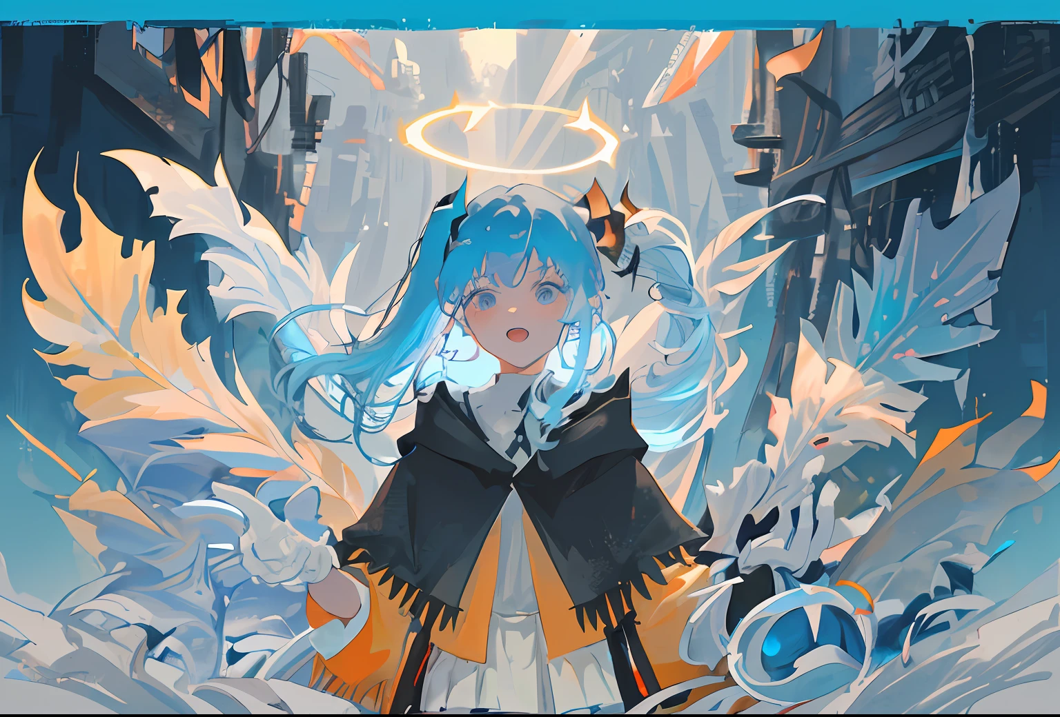 (Highest Quality), (Masterpiece), (Super Detailed), (Eye Detail: 1.0), (Lens Flare: 1.0), (Movie Poster: 1.0), (Tarot Border: 1.0), Portrait Center, (Closeup: 1.0), (Negative Space: 0.8), (Negative Space: 1.6), (Solo), (Floating Color Mesh: 1.0), (Many Color Spikes: 1.0), (Floating Droplets: 1.0), ( Water Magic: 1.0), (Dappled Sun, Rays, Caustics: 1.2), (Iridescence: 1.0), (Beautiful Detail Halo: 1.0), (Lean Back: 1.2), (Grim Expression: 1.0) ,(small:1.0),(open mouth:1.0),(eyelashes),one eye closed,(light blue hair:1.4),(long hair:1.0),(facing viewer:1.3),(head tilt : 1.0), (dynamic pose: 1.1), (asymmetrical hair: 1.2), (orange, (casual, casual), (layered skirt), (gray eyes: 1.4), oblique bangs, high double ponytail, diamond hair ,long coat,(flowing cloak: 1.0),,(abstract background:1.4),(:1.1),(jump:1.1),(tan:1.1),(upper body:1.25),thinking,pupil,++,co-feather , strapless, tights, (white gloves: 1.3), black and red double horns, sleepy