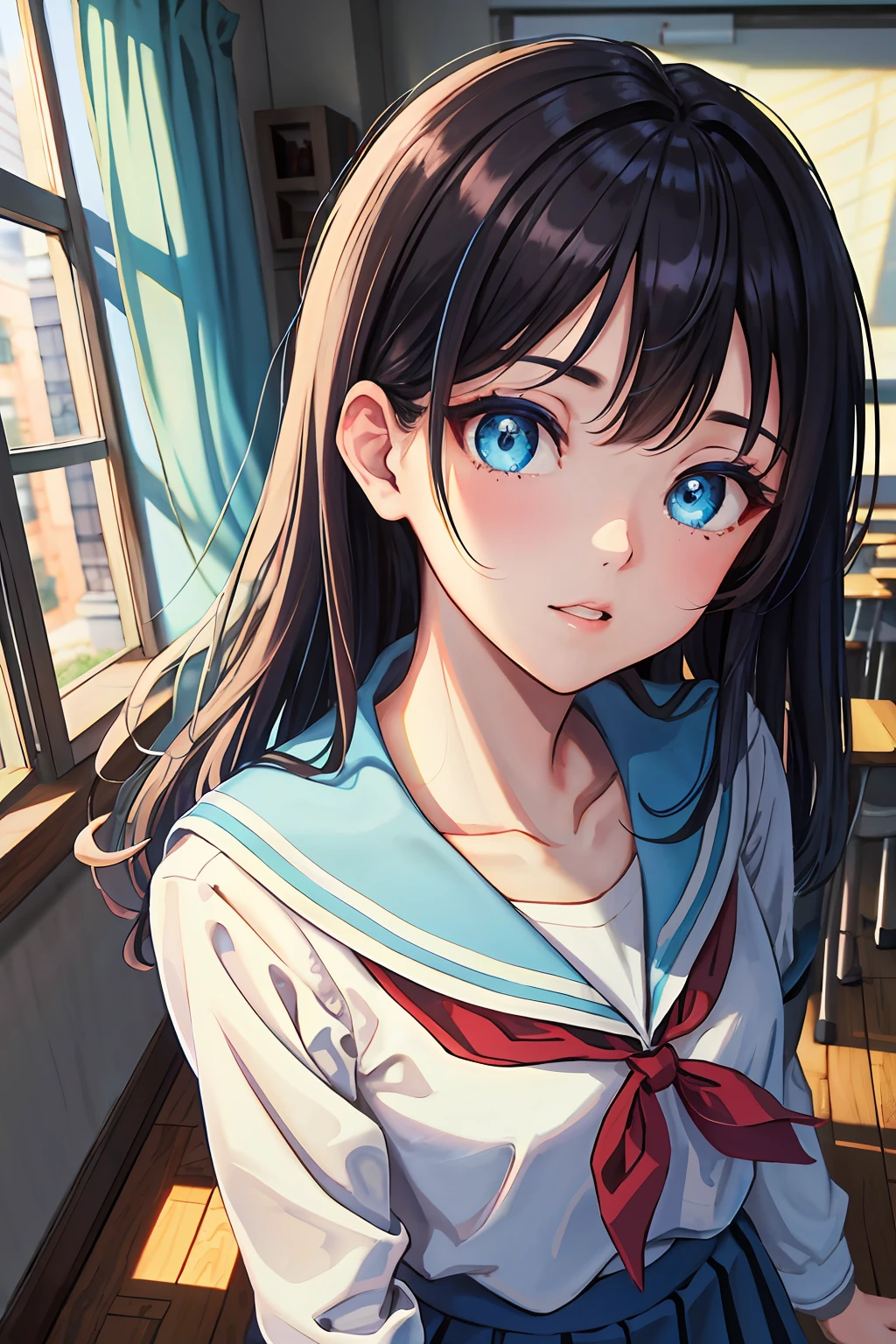 (highres, best quality:1.2), radiance, soft contours, beautiful drawing, ryouko asakura, blue hair, blue eyes, long hair,blue sailor collar, blue skirt, brown footwear, collarbone, kita high school uniform, loafers, long sleeves, red ribbon, ribbon, sailor collar, school uniform, shirt, shoes, skirt, socks, white shirt, white socks, winter uniform, looking at viewer, indoors, classroom, (masterpiece:1.2), best quality, high resolution, unity 8k wallpaper, (illustration:0.8), (beautiful detailed eyes:1.6), extremely detailed face, perfect lighting, extremely detailed CG, (perfect hands, perfect anatomy),