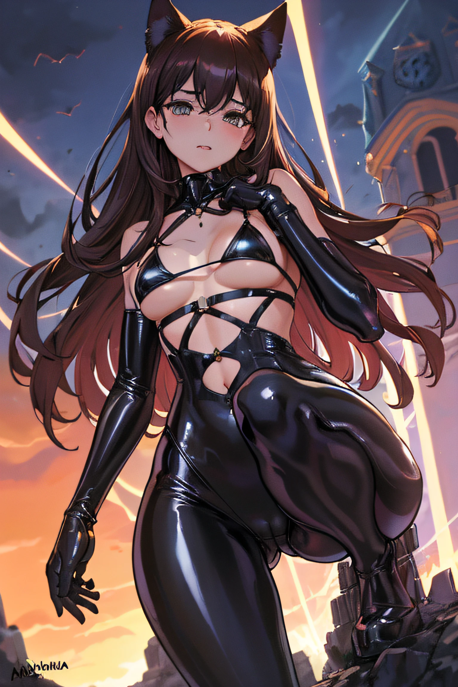 "Hay un ((Catwoman in latex suit Lenseria Herotica)), ((8Gatubela mascara))) fantasy, with short brown hair. (Usar un atuendo de catwoman). (((Bajina commented))). Nota "even the smallest details in the image, especialmente los detalles de los ojos, Enfatizando el realismo. Este fondo de pantalla oficial de arte de Unreal 8k es un papel muy detallado, Beautiful, Aesthetic masterpiece of the highest quality. The use of dynamic angles shows the elegance and romanticism of the image. Este personaje tiene pechos grandes, Sin bragas". Medias, seda transparente ajustada, Super thin clothes, (( Said)) Tejido fino transparente ajustado, (( expuesto)) Ombligo visible, piernas abiertas, ((Bajina commented)) ((Erotic lingerie thin transparent bikini)) apretando sus pechos, (sin ropa) ((ruboroso)) ((feliz)) erotic posing.