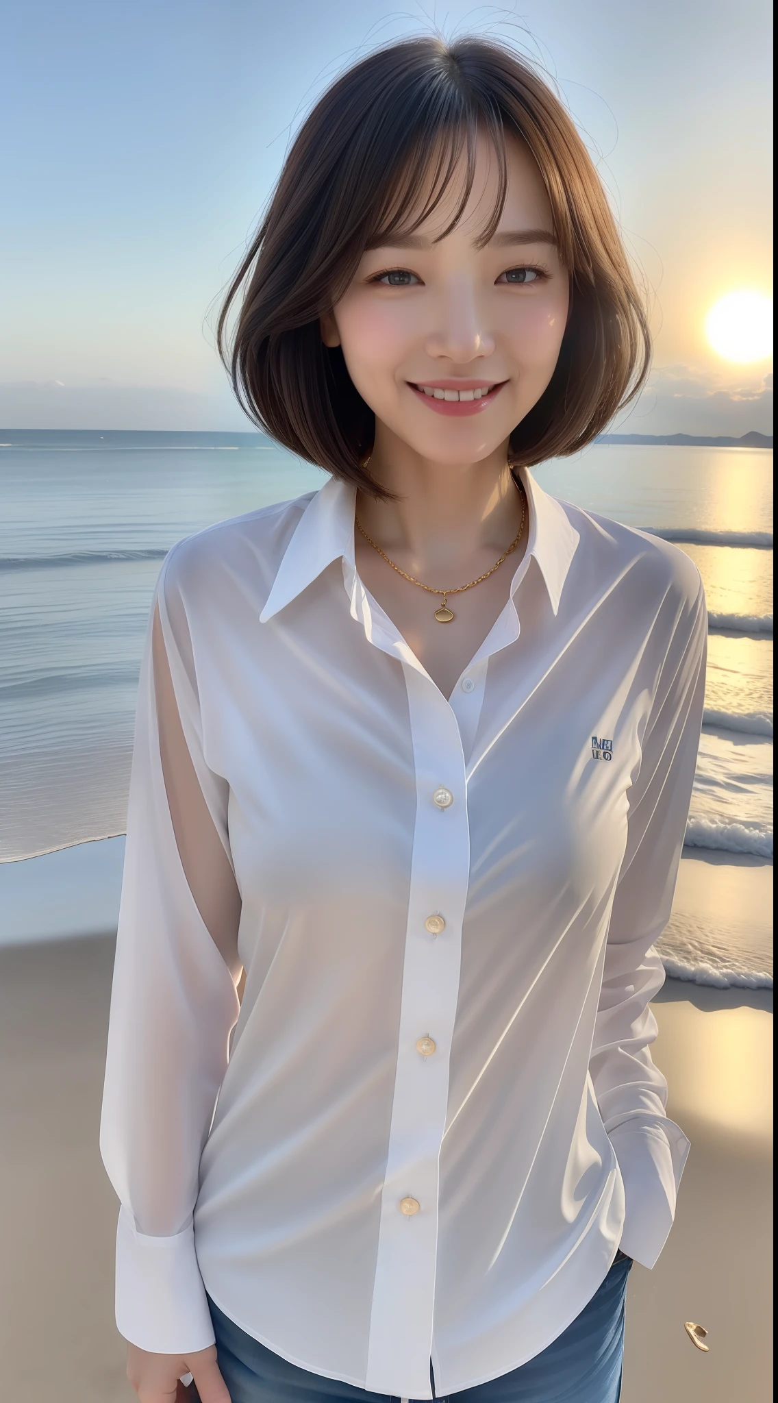 (((top-quality、in 8K、masterpiece:1.3)))、(独奏:2), bustshot、The whole head enters the screen、Crisp focus:1.2、Beautuful Women:1.5、Slender Abs:1.2、((Dark brown bob cut、Colossal tits:0.8))、Smiling smile、(White button-up long shirt:1.1)、Sunset beach in background、Highly detailed facial and skin texture:1.4、A detailed eye、二重まぶた、Thin gold necklace、Ekbo Sunset Beach、Highly detailed facial and skin texture:1.4、A detailed eye、二重まぶた、Thin gold necklace、Ekbo