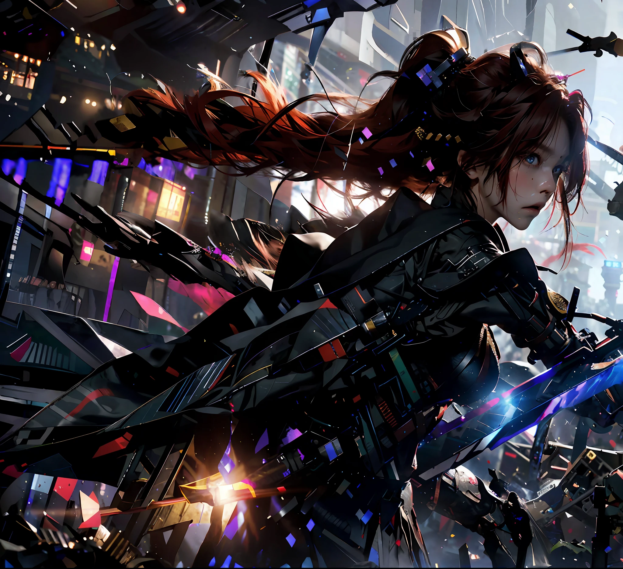 {{{Turn your back to the audience}}},Look to the top right corner,(((full bodyesbian))),{{very wide wide shot}},{{From below}},((Dutch angle)),((Perspective)),,((The course of the battle)),Two-player battles,Reflective floor, A masterpiece of mirrored textured flooring, best qualityer, best qualityer,Amazing,((1girll)),combat scene,finedetail,depth of fields,extremely detailed wallpaper CG unity 8k, Masterpiece, full bodyesbian,(),(whaite hair), red streaked hair, Red eyes, (full bodyesbian),red hair, (((with sword))), Angry face,(美丽细致的眼睛), Blood drop,Blood fog, floated hair,light shafts, soft focus, character focus,messy hair,with long bangs, hairs between eyes, view the viewer,lowing hair, Floating, Splashing blood,Long hair,(blood stain)