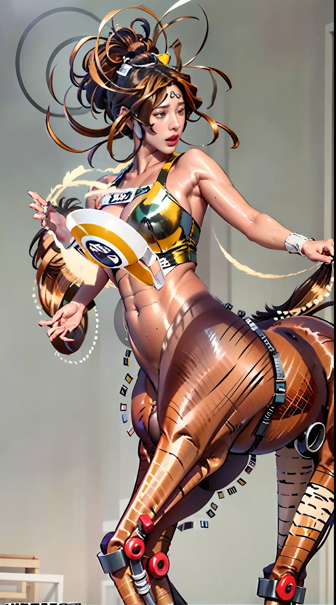 A female centaur,She is famous in the multiverse,She is both a female centaur, half human, half horse, half horse,It is also a heroic move,Her image fuses the head, neck and shoulders parts into a beautiful female human upper body, a female centaur, half human, half horse, half human,and female centaurs for female bodyization,This chimerization is based on powerful futuristic technology。The ultra-wide-angle lens captures the beautiful and ethereal image of her light wings on the ionosphere and making jumps。Her front half is a tall, sexy body with obvious feminine characteristics,Has K cup teardrop-shaped giant tit chest,The half-horse of the hind body is embedded in the front half of the body, the back and hip position,The half-horse torso form of the back half of the body is completely female and humanized,A sexy bent dog-style shaped ribcage is embedded from the upper end of the sternum transversely,Then there are the waist and abdomen hips of sexy beauties,The half-horse part of the fully feminized back half of the body,Mechanize the anti-joints and feet in the shape of the hind leg horse's knee and personify these parts,Make the legs graceful and slender,She has four slender legs like a supermodel,Under the legs are the feet of humans wearing skyscraper heels,Use Midjourney's advanced stroke tools and color palettes, as well as texture packs, model packs, and texture tools,Concentration,All of her with equine physiology organs are feminized,And give the part an ergonomic appearance,Treat the details of the back body, chest, abdominal cavity and hips and legs,Tighten the thoracic and abdominal contours of the back half of the body,Add anthropomorphic mechanical elements to non-ergonomic parts,Give her a sexy human look of harmony and unity,Enhance the sense of future technology。Plated her mechanical wings with a glow unique to space,The halo crown on her head casts a neon light casting a rainbow,Let her be majestic,Use Midjourney's advanced stroke and texture too
