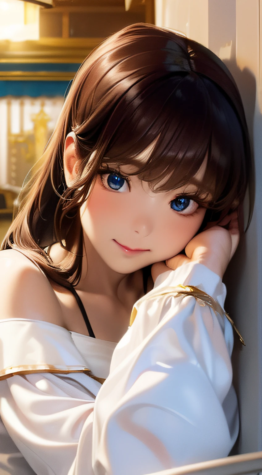 (photorealistic:1.4), (masterpiece, side dim light, finely detailed beautiful eyes: 1.2), masterpiece*portrait, realistic, 3d face, Stelle \(honkai star rail\), 1girl, white oversize T-shirt, bare shoulder, universe, rail, bangs, blush, shy, lustful eyes, medium long hair, looking at viewer, gasp, medium breasts